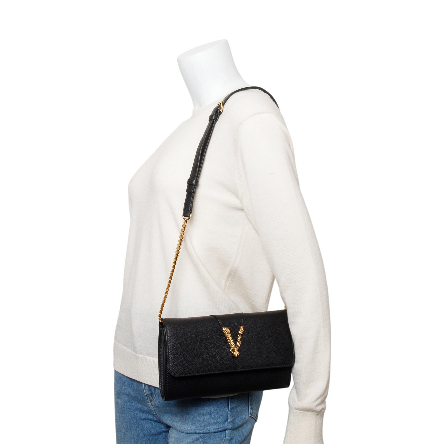 Versace Black Leather Virtus Flap Clutch Chain Bag
