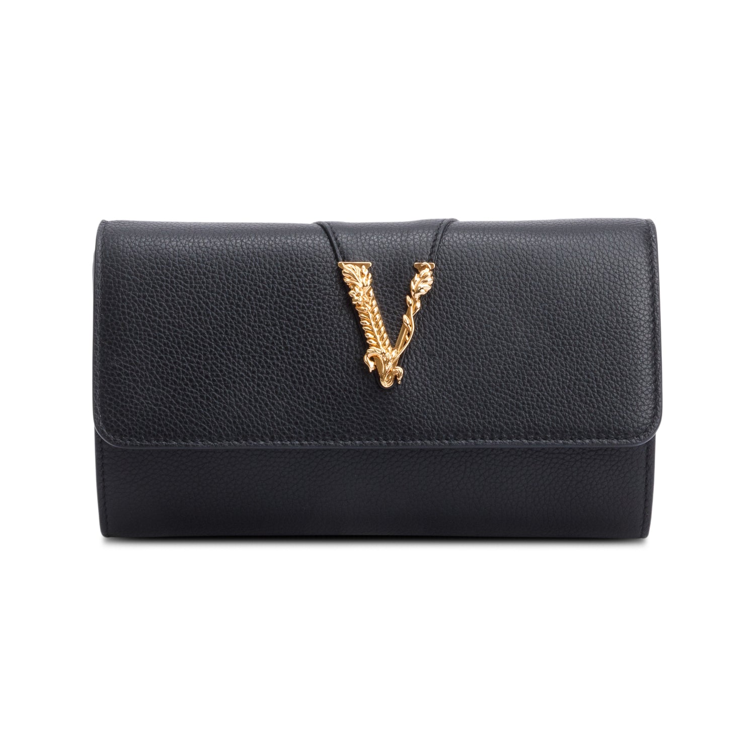 Versace Black Leather Virtus Flap Clutch Chain Bag