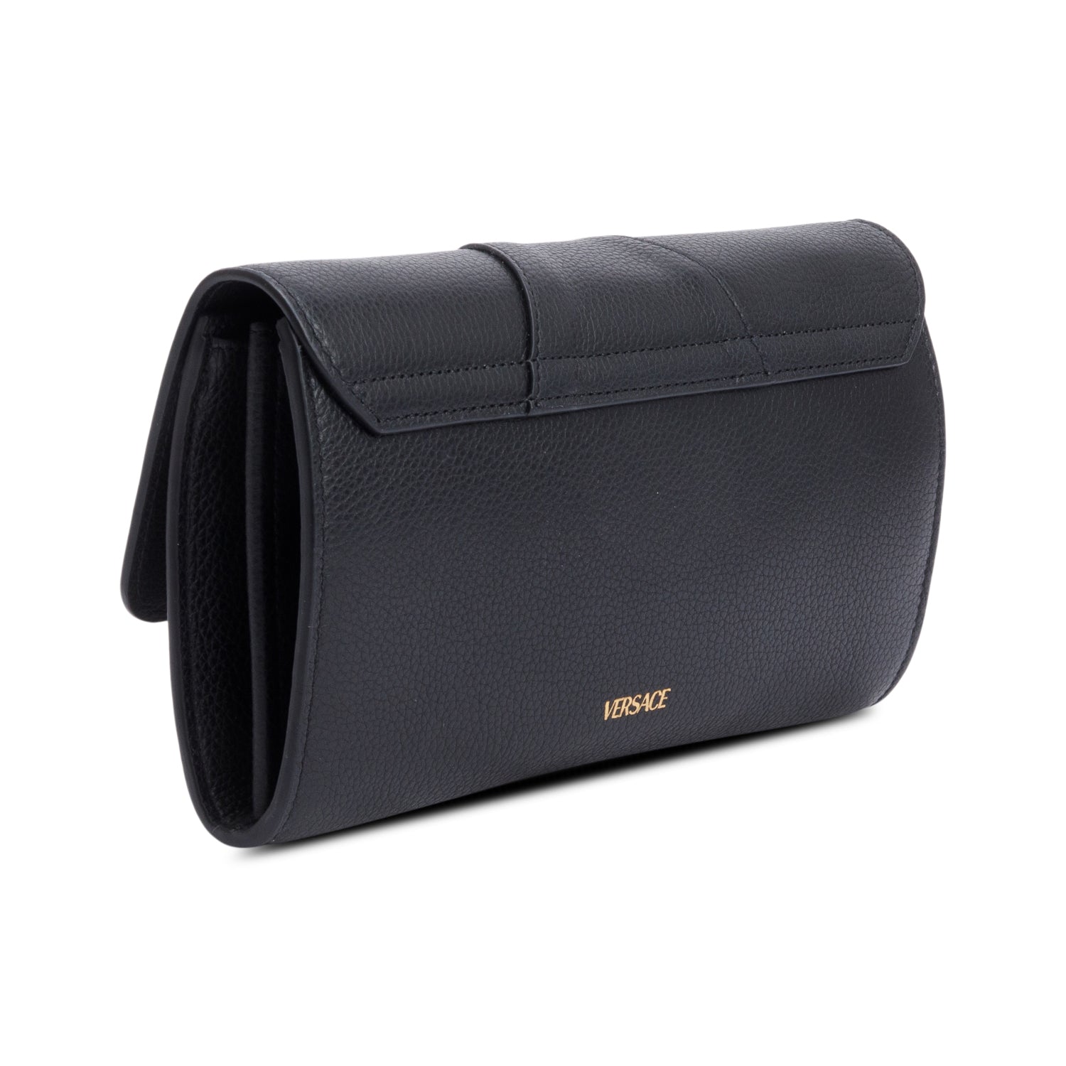 Versace Black Leather Virtus Flap Clutch Chain Bag