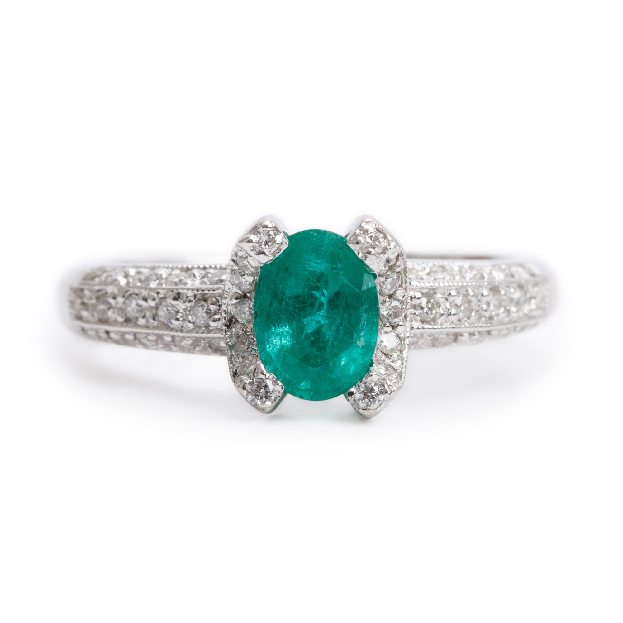 18k White Gold Emerald & Diamond Ring, Size 7.5