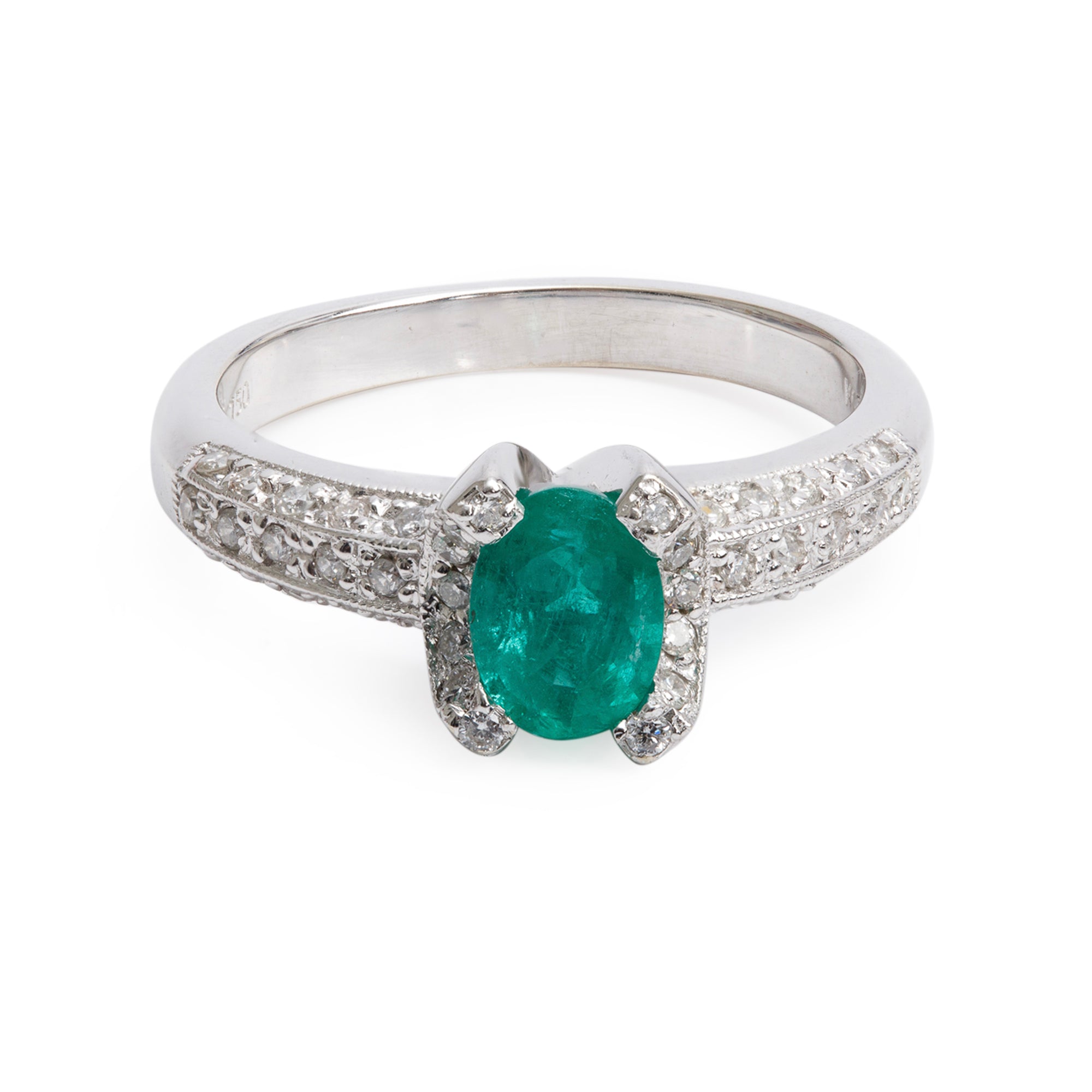 18k White Gold Emerald & Diamond Ring, Size 7.5