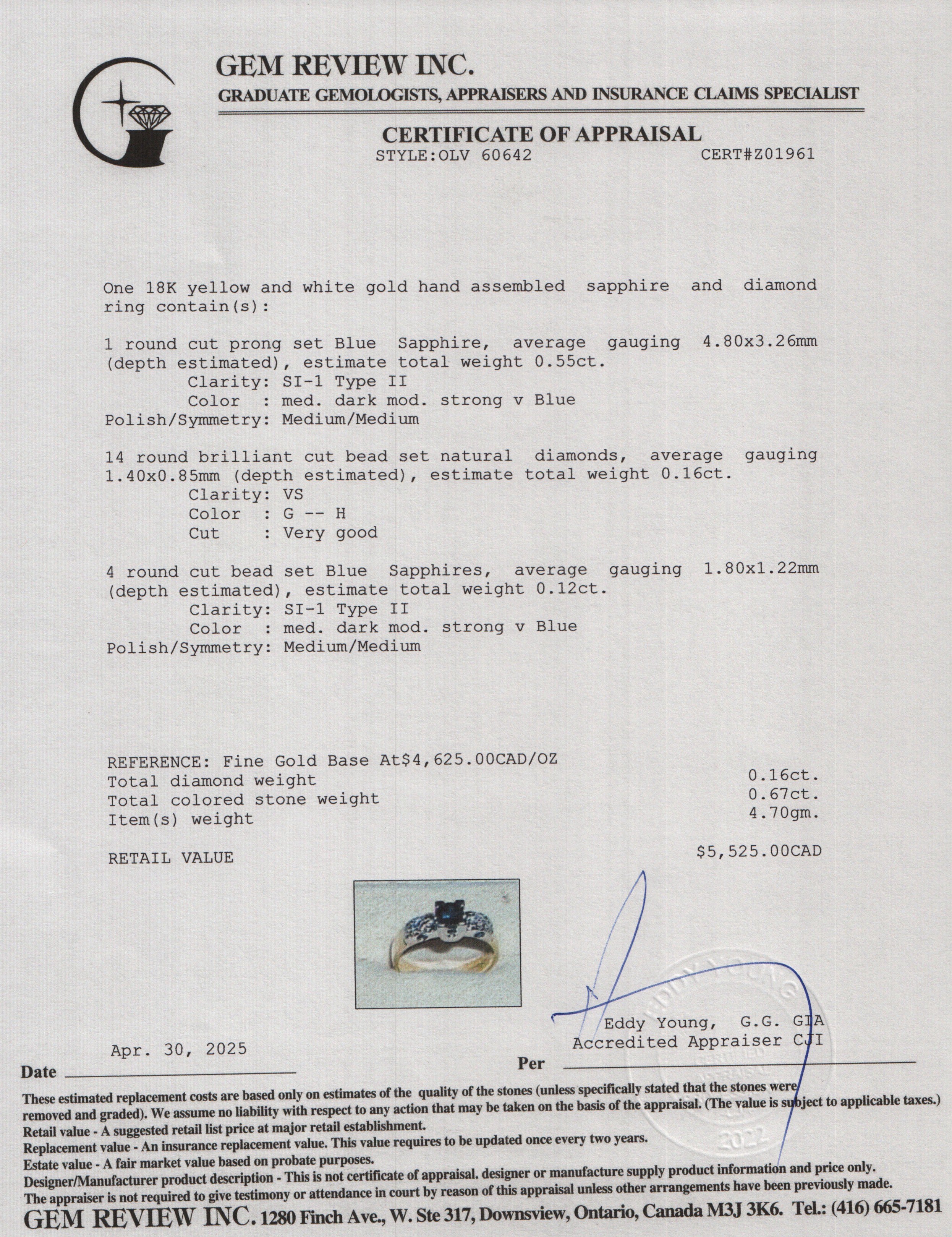 18k Yellow and White Gold Blue Sapphire & Diamond Ring, Size 7.25