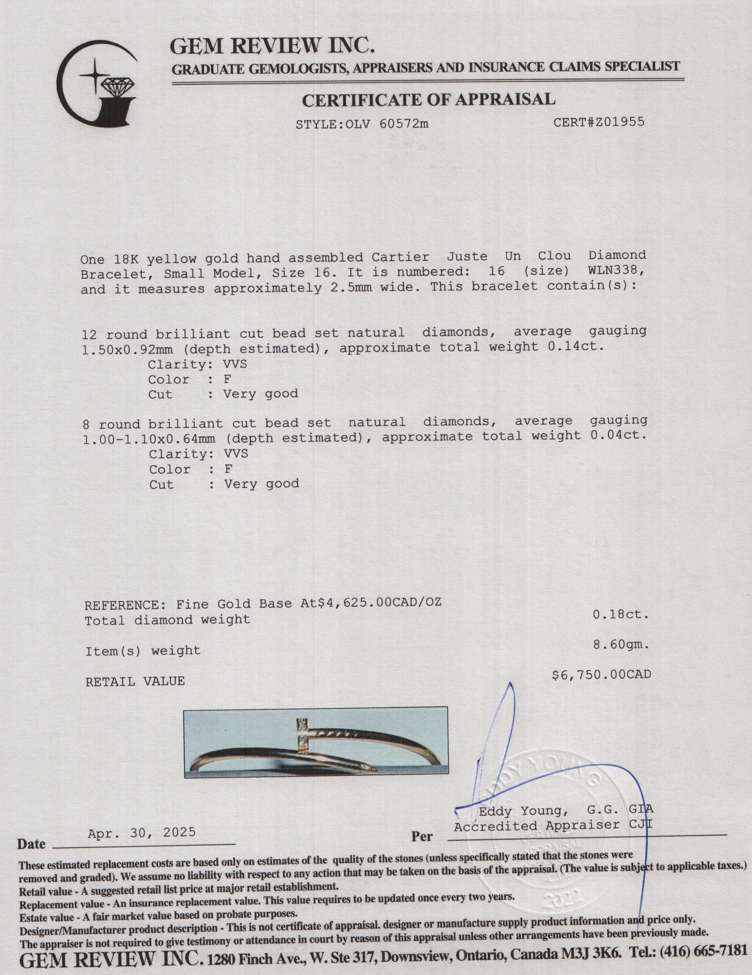 Cartier 2023 18k Yellow Gold Juste Un Clou Diamond Bracelet, Small Model, Size 16 w/ Box & Certificate