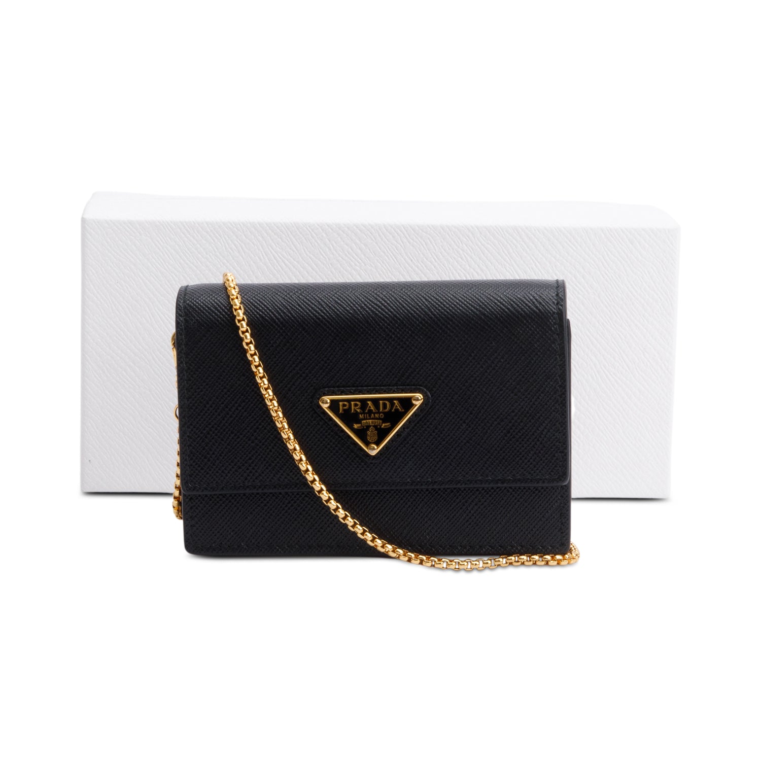 Prada Black Saffiano Metal Card Holder on Chain w/ Box