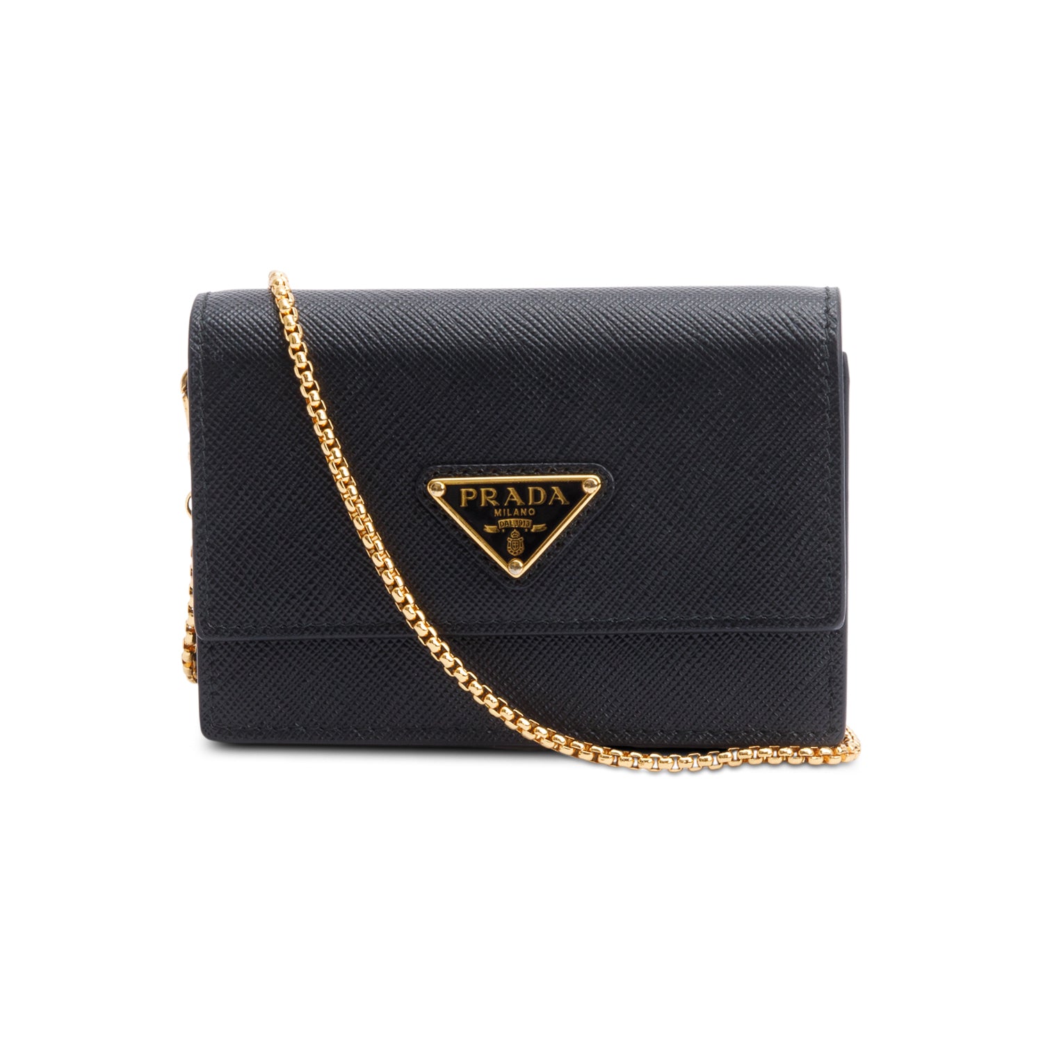 Prada Black Saffiano Metal Card Holder on Chain w/ Box