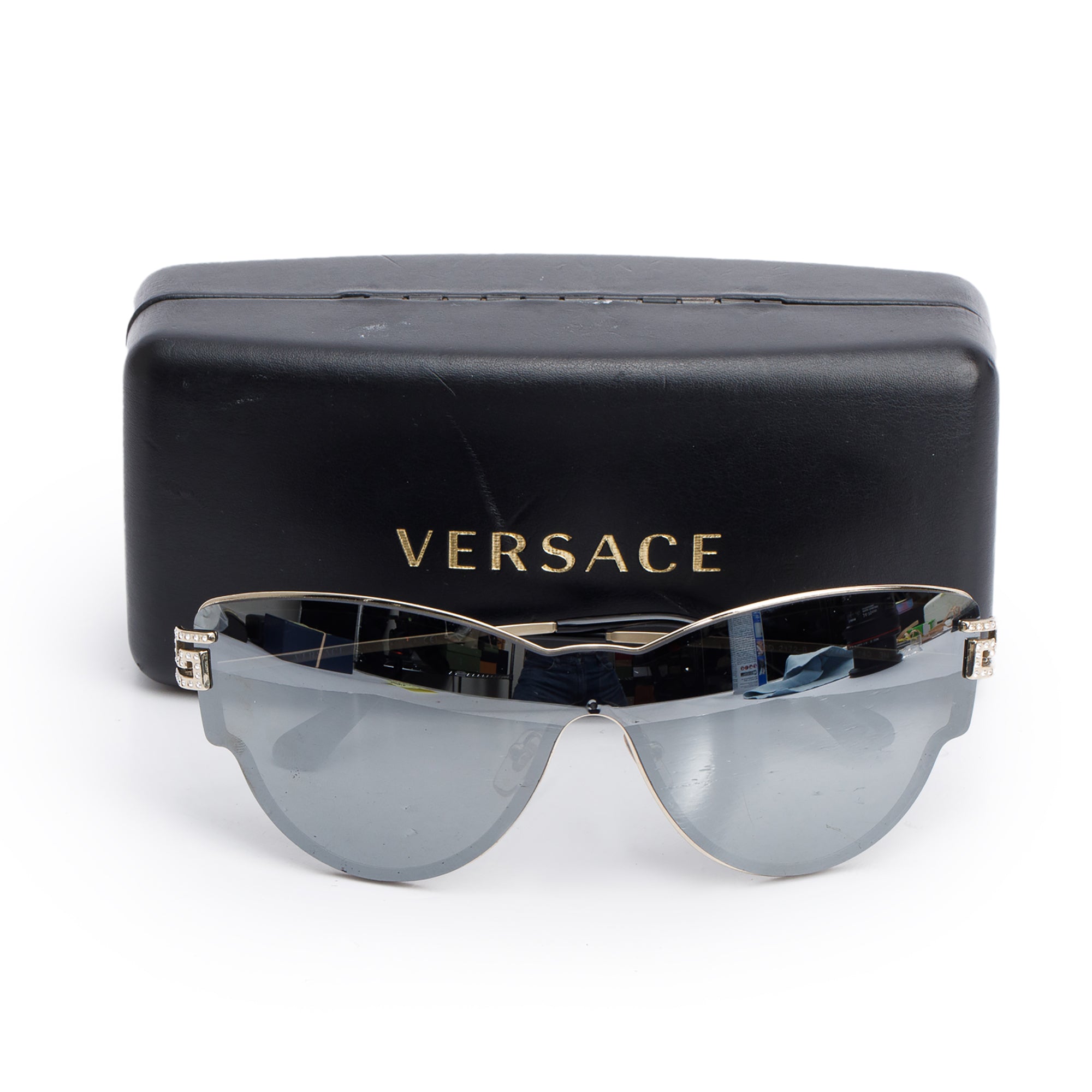 Versace 2172-B Gold-Tone Metal Black Acetate Crystal Greca Mirrored Cat-Eye Sunglasses w/ Case