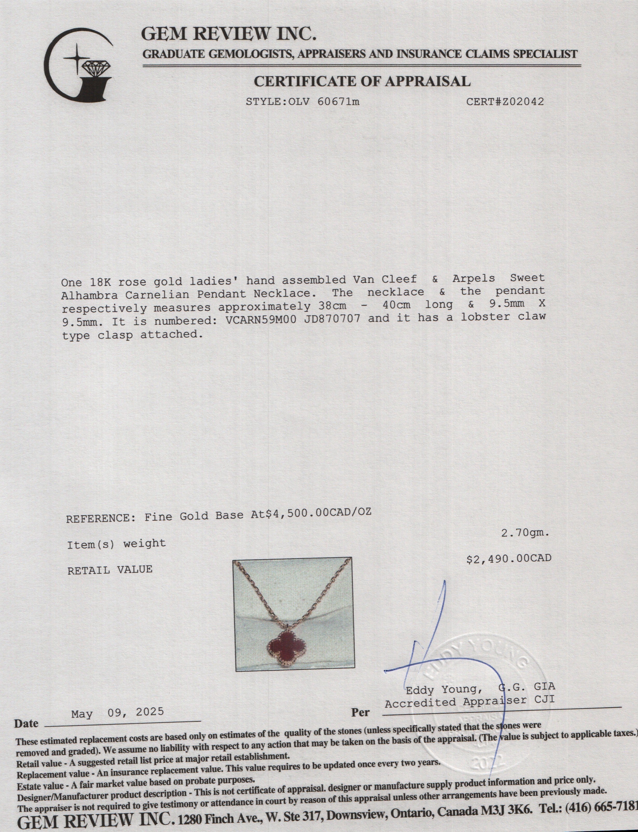 Van Cleef & Arpels 2023 18k Rose Gold Sweet Alhambra Carnelian Pendant Necklace w/ Receipt & Certificate