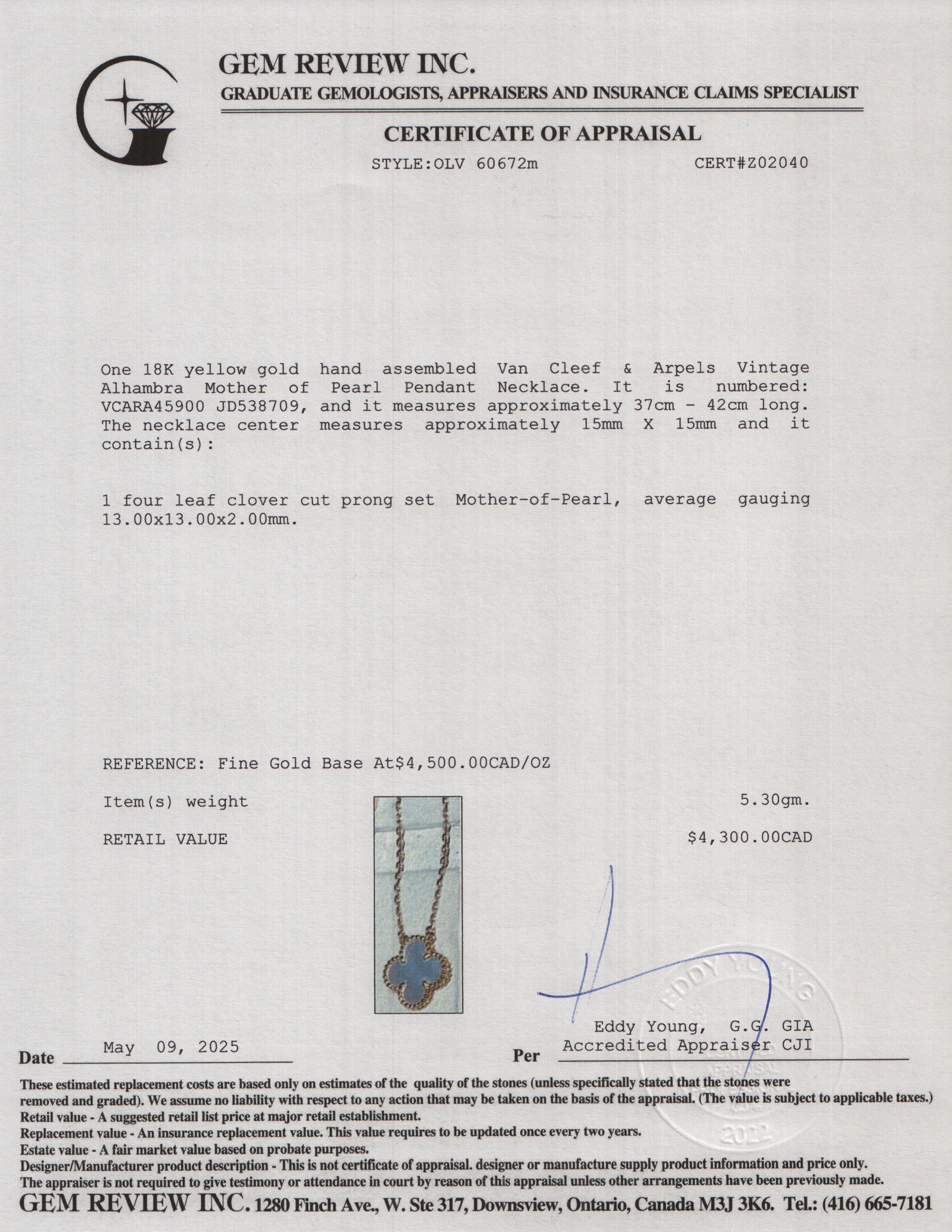 Van Cleef & Arpels 18k Yellow Gold Vintage Alhambra Mother of Pearl Pendant Necklace w/ Box, Certificate & Receipt