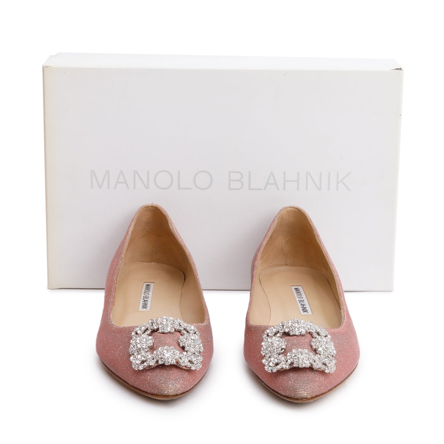 Manolo Blahnik Beige Glitter Fabric Hangisiflat Jewel Buckle Flat Pumps, Size 38 w/ Box