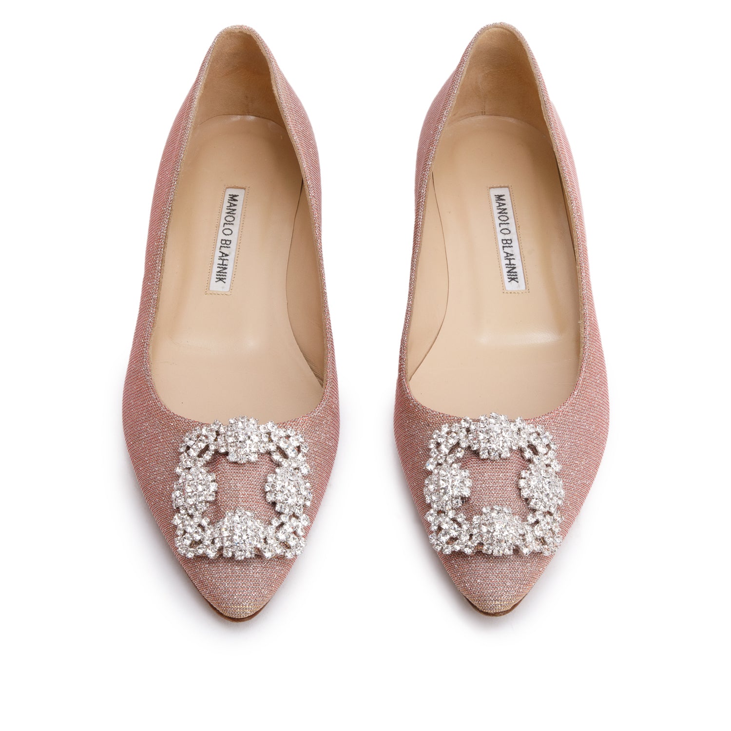 Manolo Blahnik Beige Glitter Fabric Hangisiflat Jewel Buckle Flat Pumps, Size 38 w/ Box