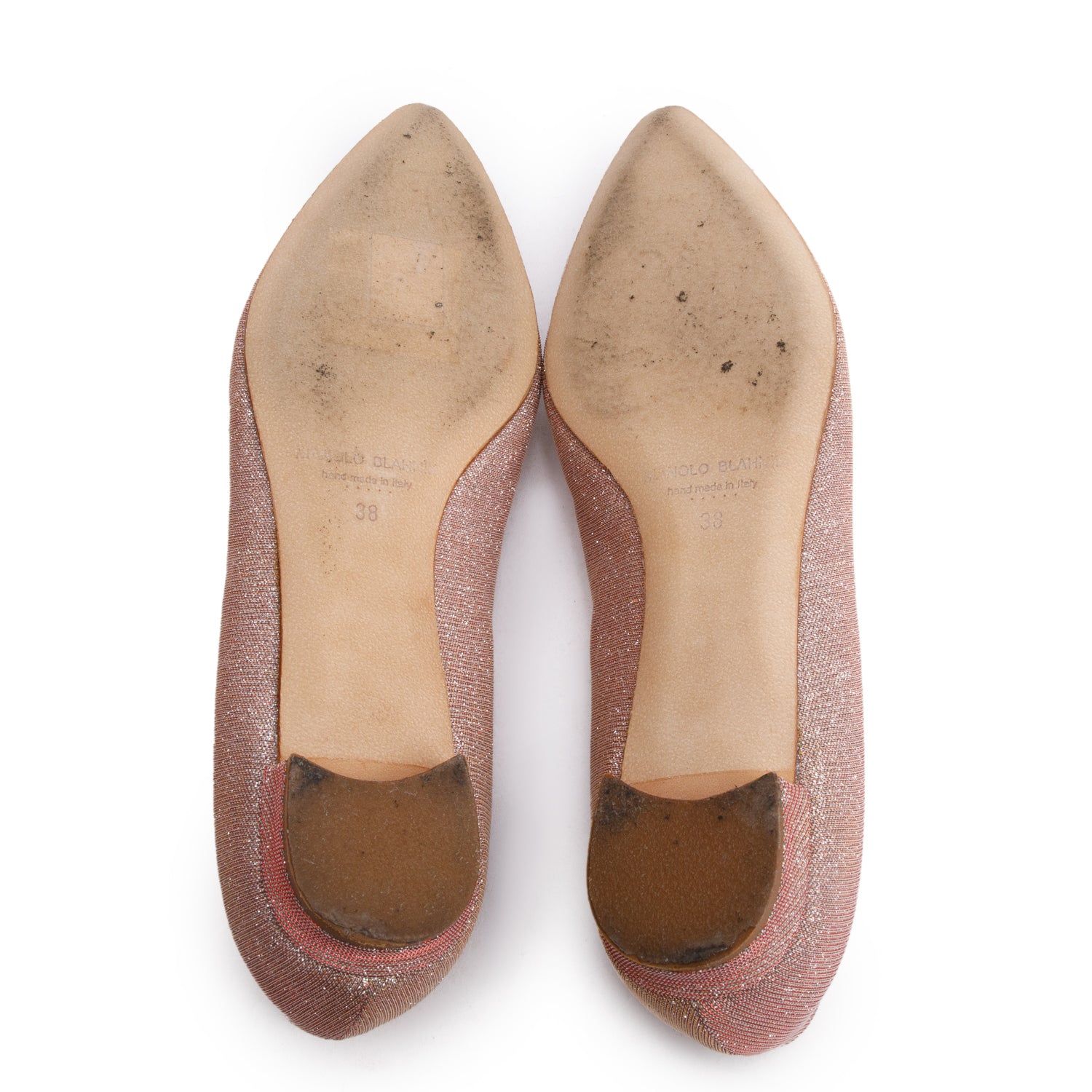 Manolo Blahnik Beige Glitter Fabric Hangisiflat Jewel Buckle Flat Pumps, Size 38 w/ Box