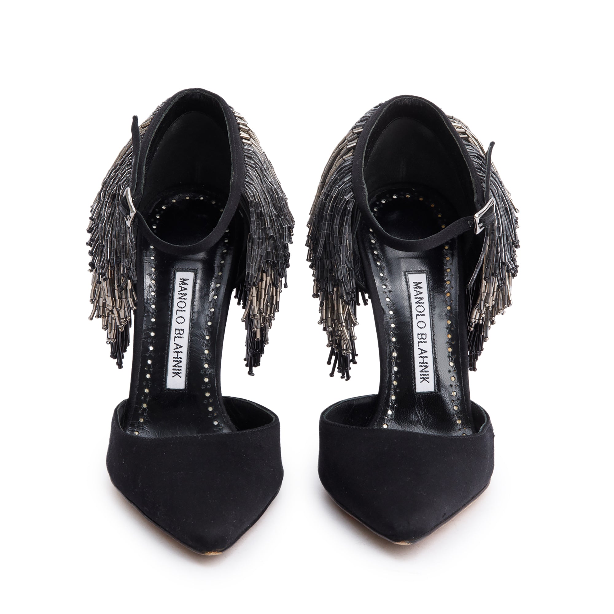Manolo Blahnik Black Satin Fringe Francamaria Pumps, Size 37