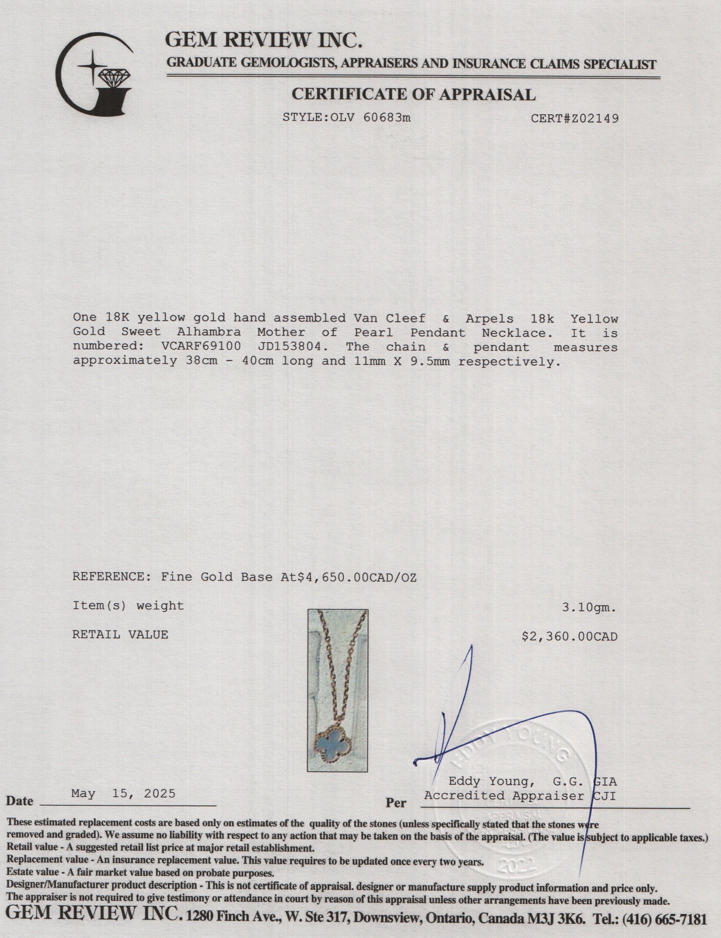 Van Cleef & Arpels 2022 18k Yellow Gold Sweet Alhambra Mother of Pearl Pendant Necklace w/ Certificate