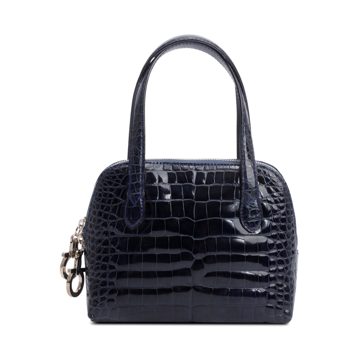 Ferragamo Navy Croc Embossed Leather Double Gancini Mini Handle Bag