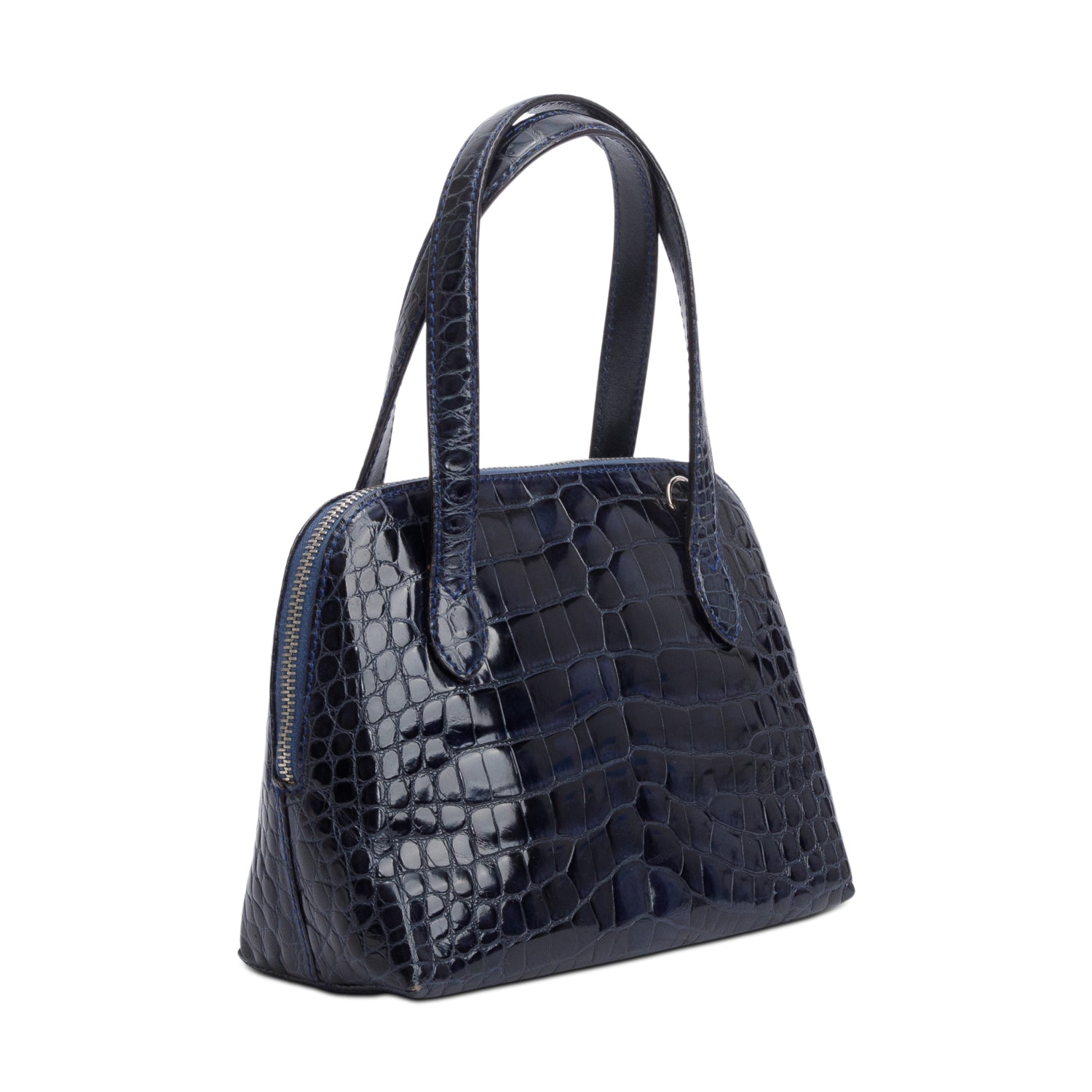 Ferragamo Navy Croc Embossed Leather Double Gancini Mini Handle Bag