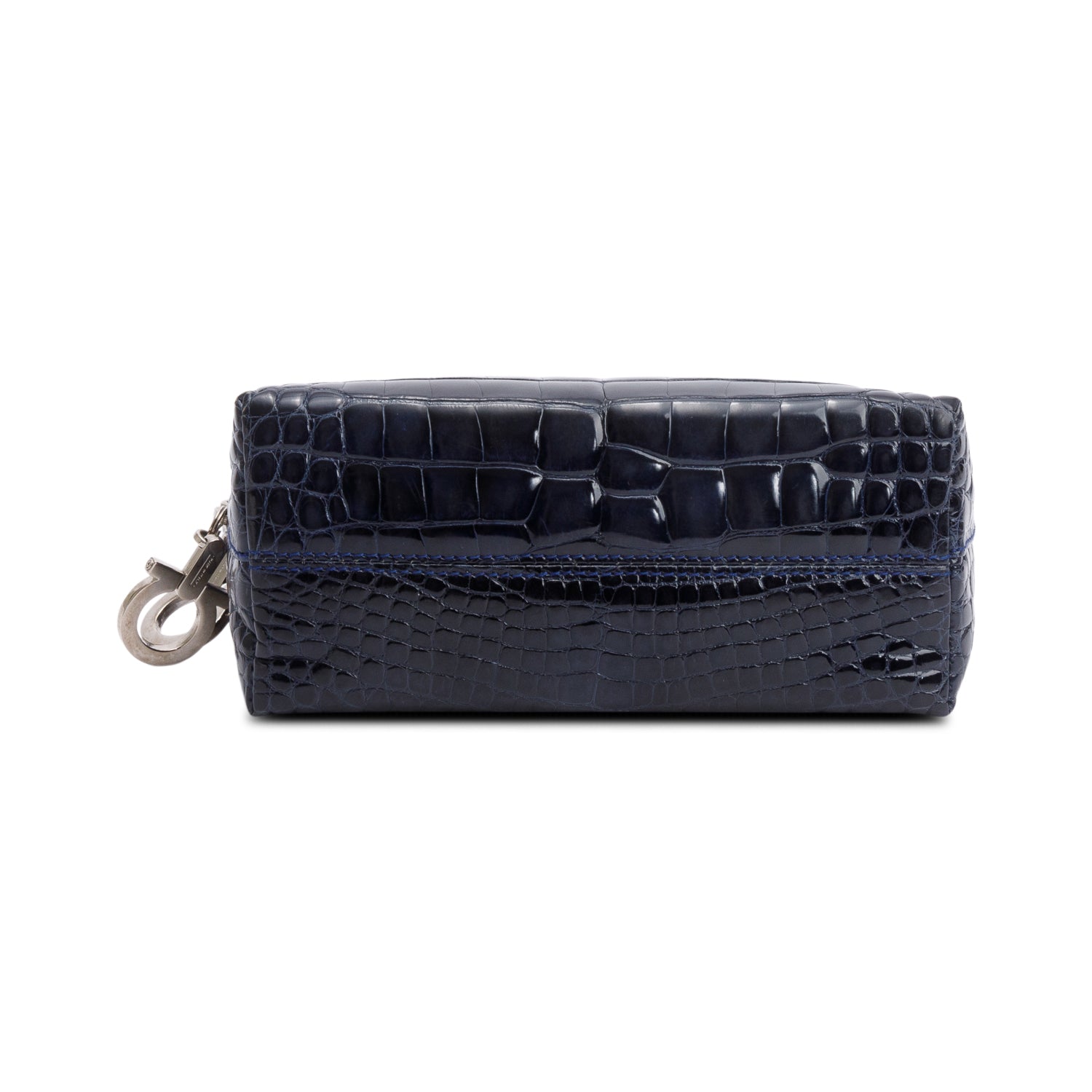 Ferragamo Navy Croc Embossed Leather Double Gancini Mini Handle Bag