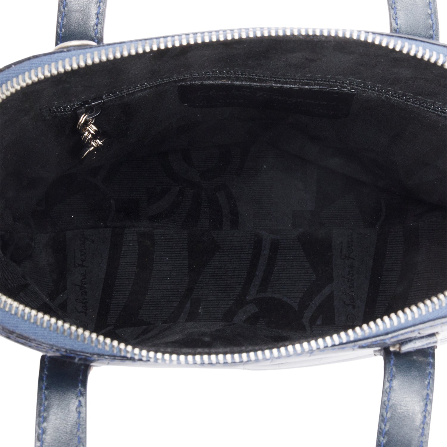 Ferragamo Navy Croc Embossed Leather Double Gancini Mini Handle Bag