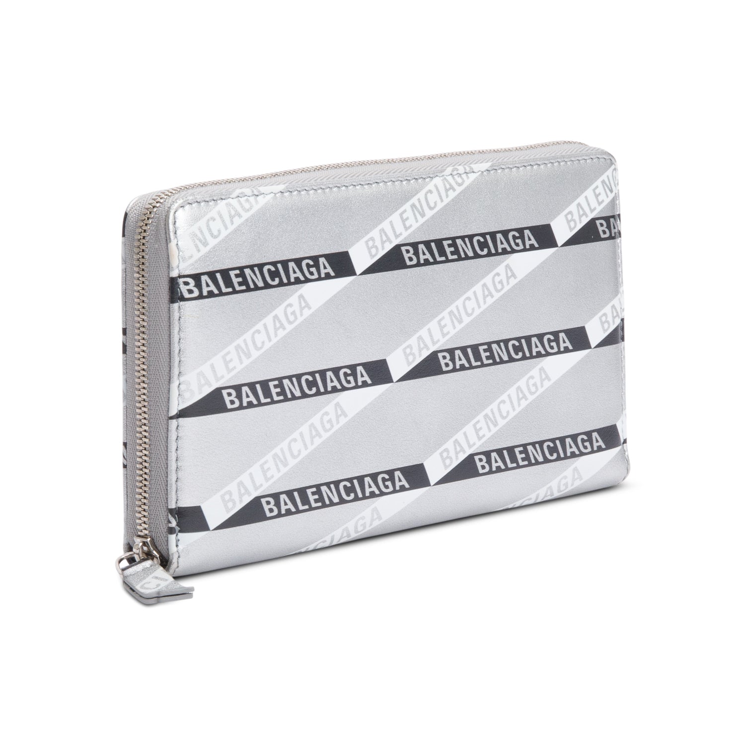 Balenciaga Metallic Silver Logo Print Calfskin Leather Everyday Zip Around Wallet
