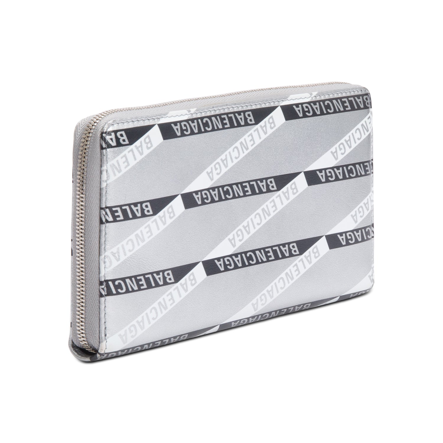Balenciaga Metallic Silver Logo Print Calfskin Leather Everyday Zip Around Wallet