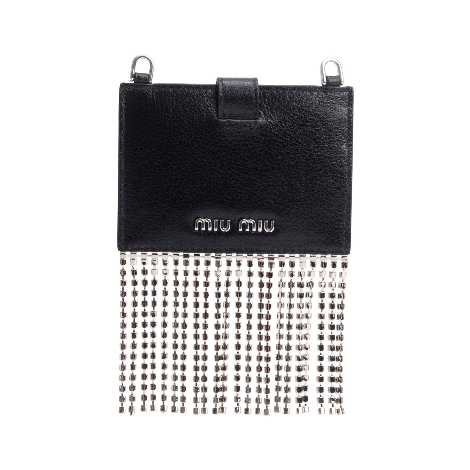 Miu Miu Black Leather Crystal Fringe Card Holder Crossbody