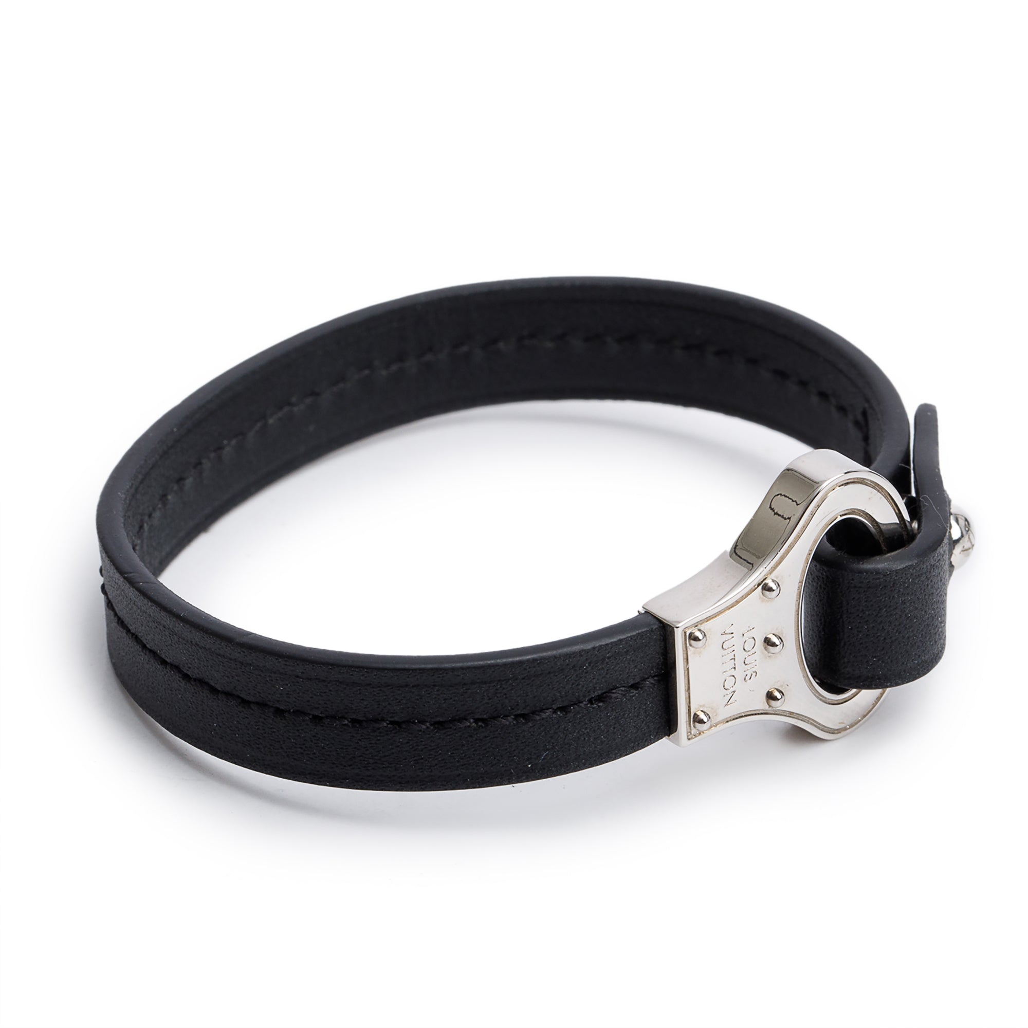 Louis Vuitton Black Leather Archive Bracelet, Size 19
