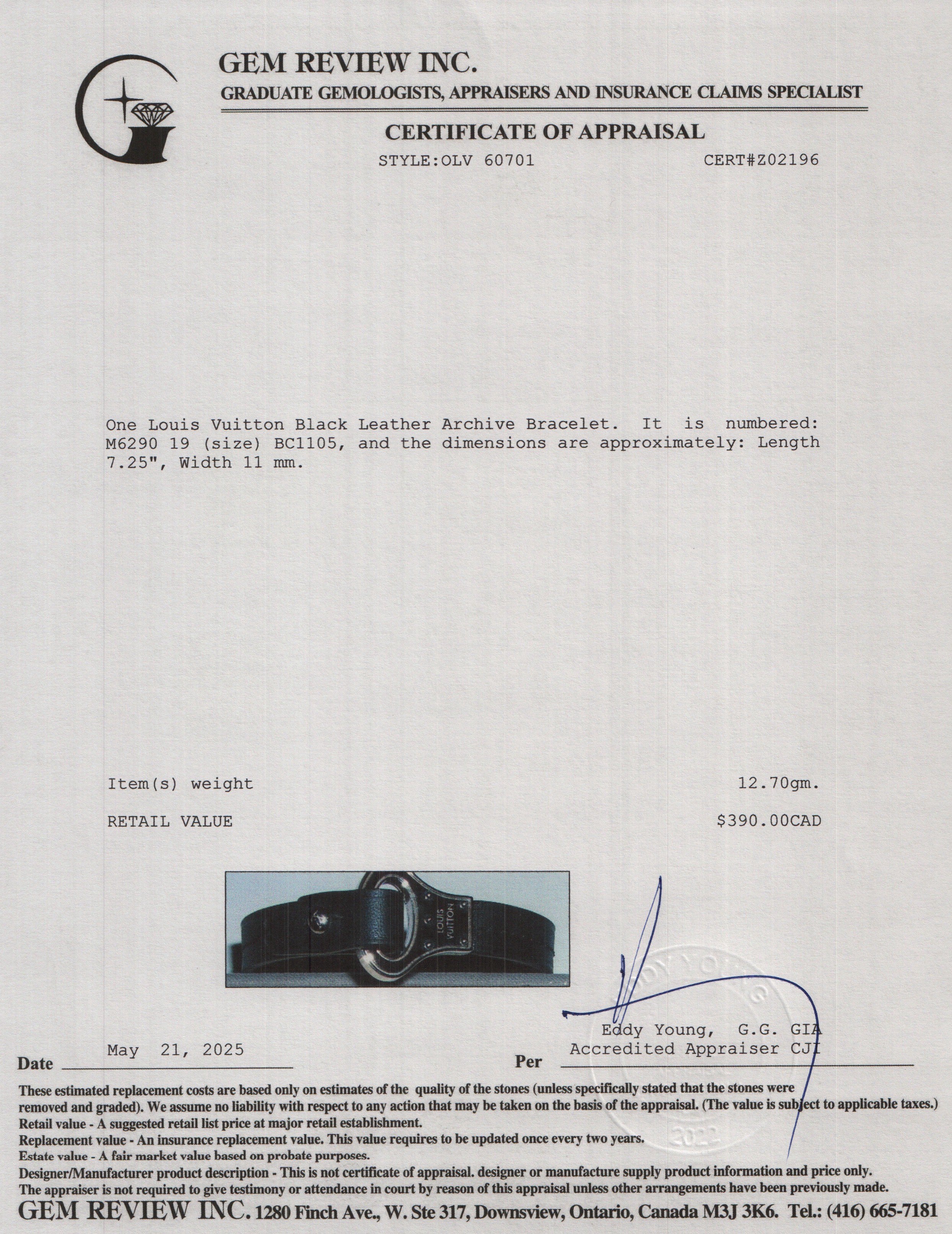 Louis Vuitton Black Leather Archive Bracelet, Size 19