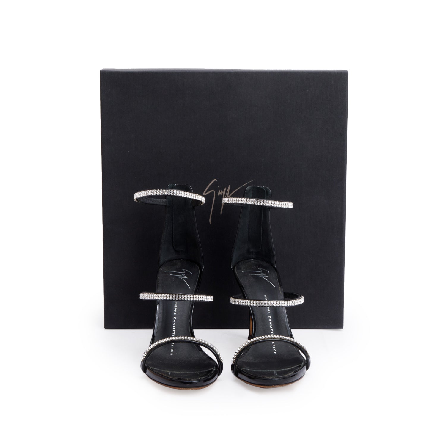 Giuseppe Zanotti Black Patent Leather Crystal Embellished Harmony Sparkle Sandals, Size 36 w/ Box