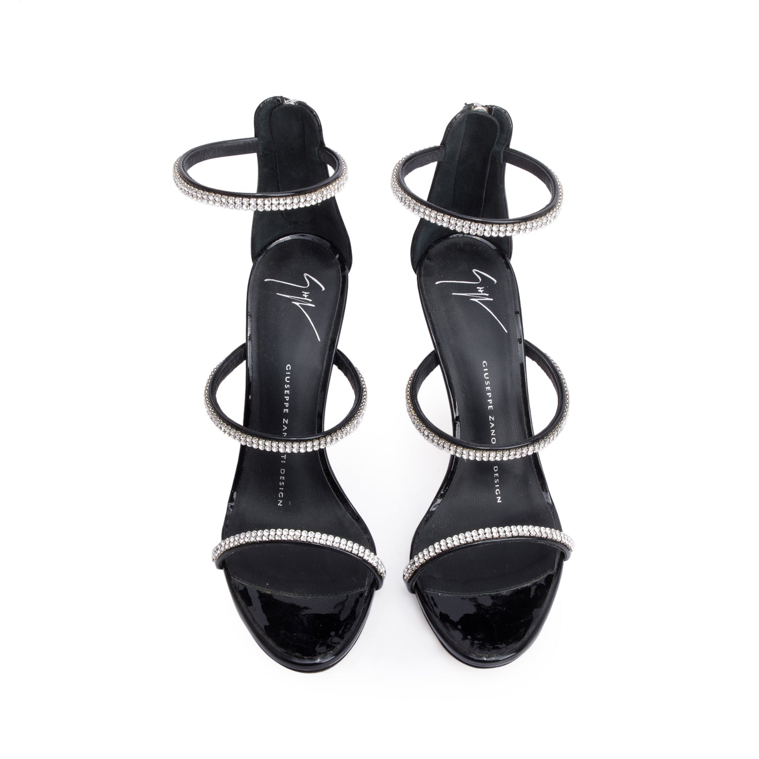 Giuseppe Zanotti Black Patent Leather Crystal Embellished Harmony Sparkle Sandals, Size 36 w/ Box