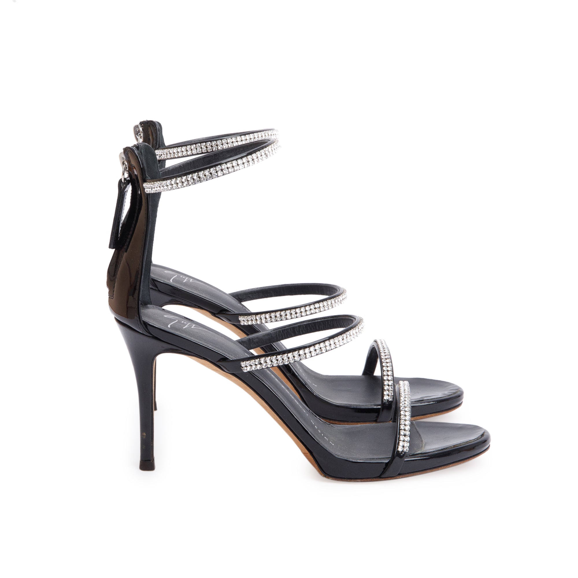 Giuseppe Zanotti Black Patent Leather Crystal Embellished Harmony Sparkle Sandals, Size 36 w/ Box