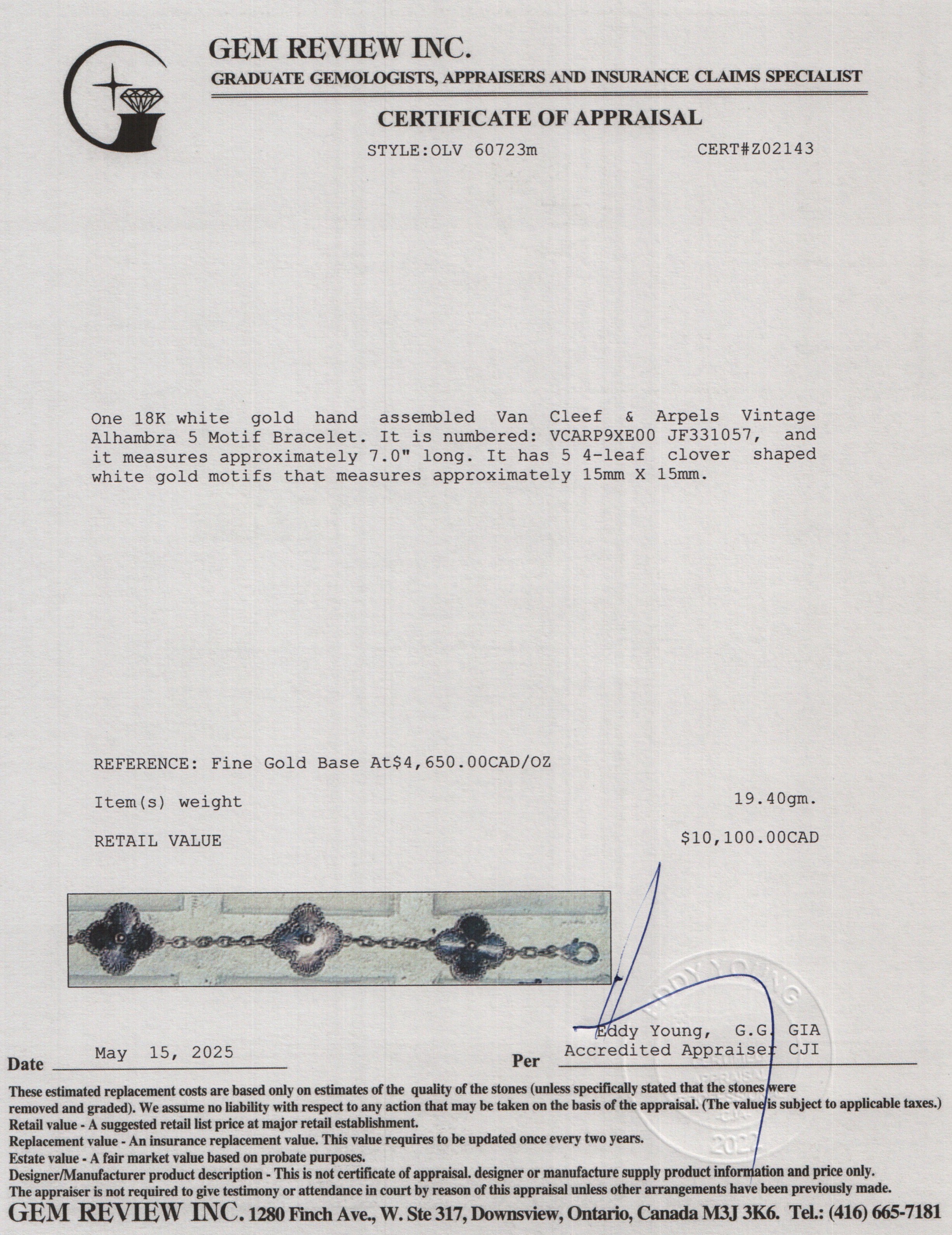 Van Cleef & Arpels 2023 18k White Gold Vintage Alhambra 5 Motif Bracelet w/ Box, Receipt & Certificate
