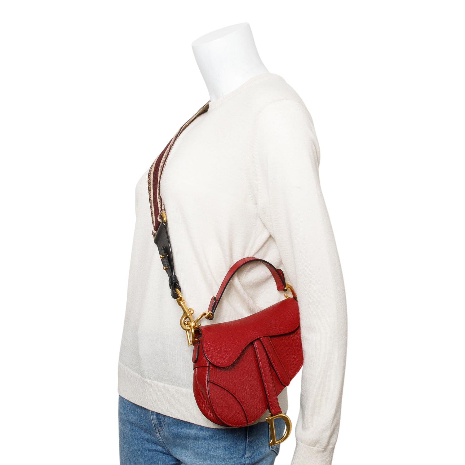 Christian Dior Red Grained Calfskin Leather Mini Saddle Bag w/ Strap & Box