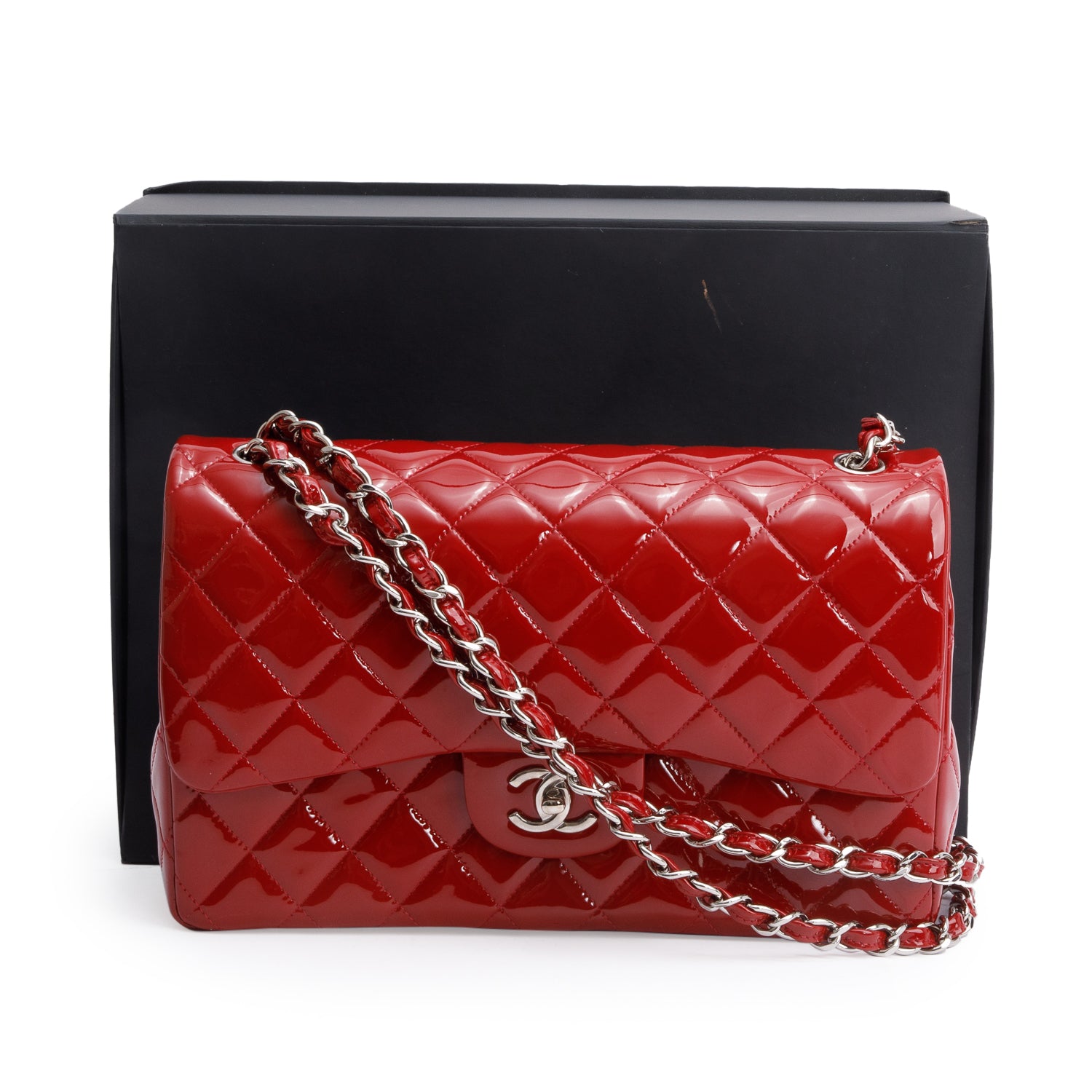 Chanel Red Quilted Patent Leather Classic Jumbo Double Flap Bag w/ Box & Authenticity Card