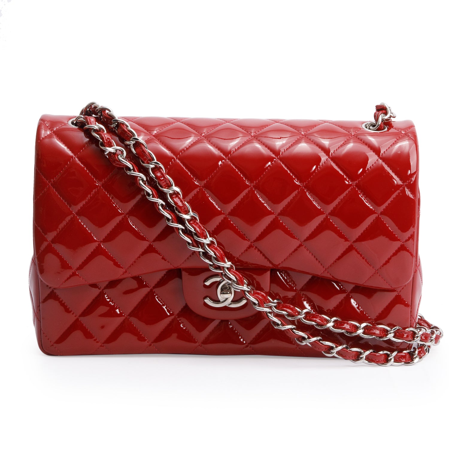 Chanel Red Quilted Patent Leather Classic Jumbo Double Flap Bag w/ Box & Authenticity Card