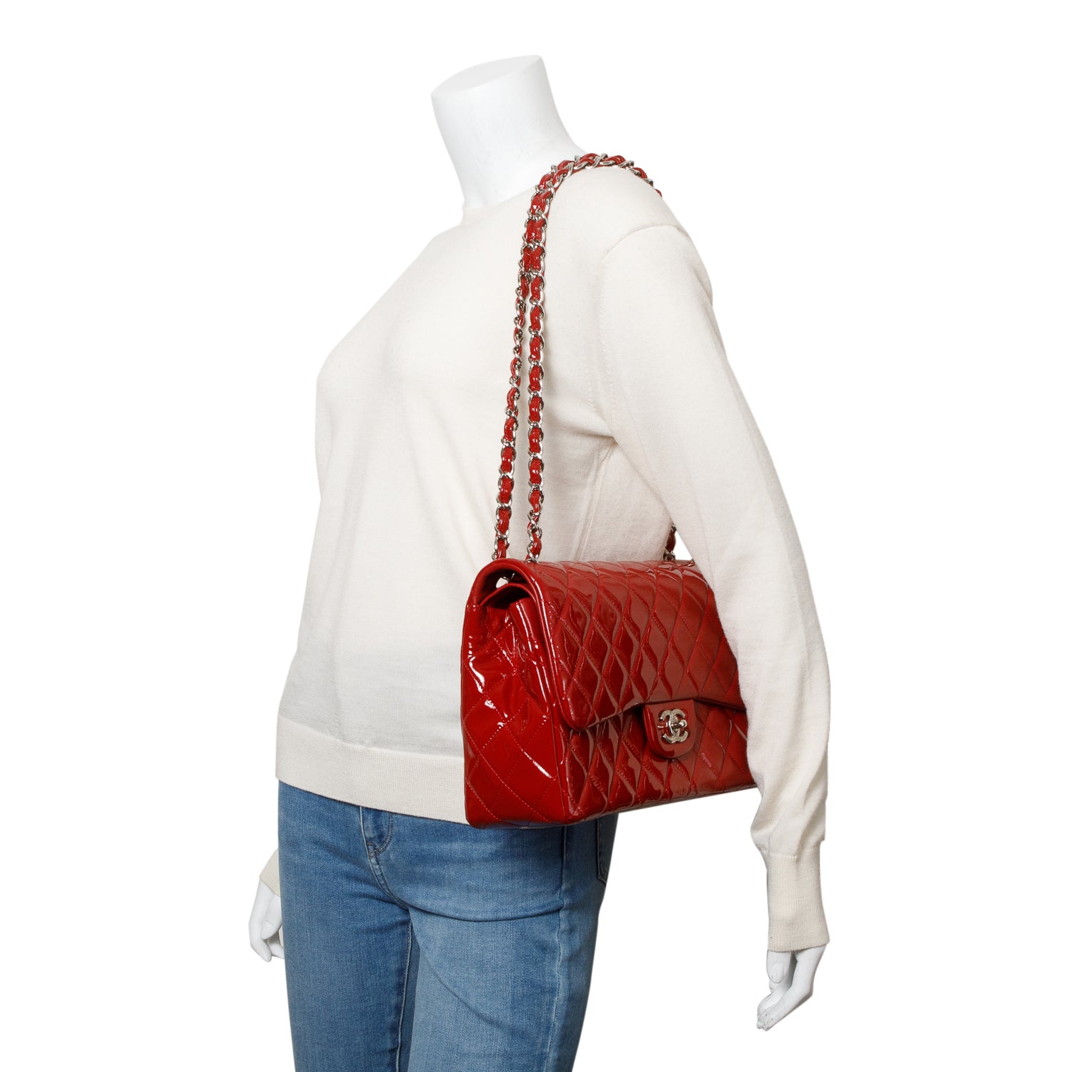 Chanel Red Quilted Patent Leather Classic Jumbo Double Flap Bag w/ Box & Authenticity Card