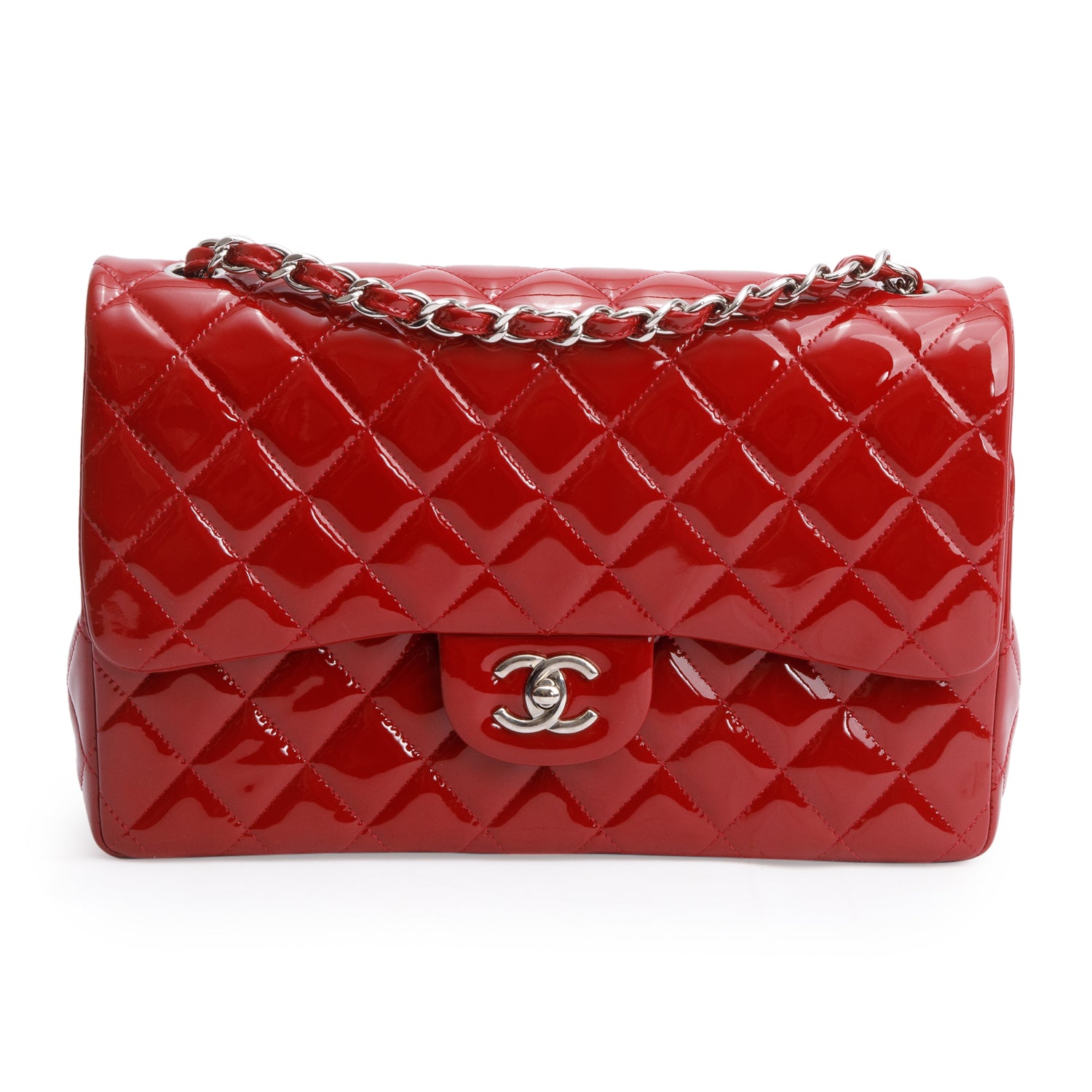 Chanel Red Quilted Patent Leather Classic Jumbo Double Flap Bag w/ Box & Authenticity Card