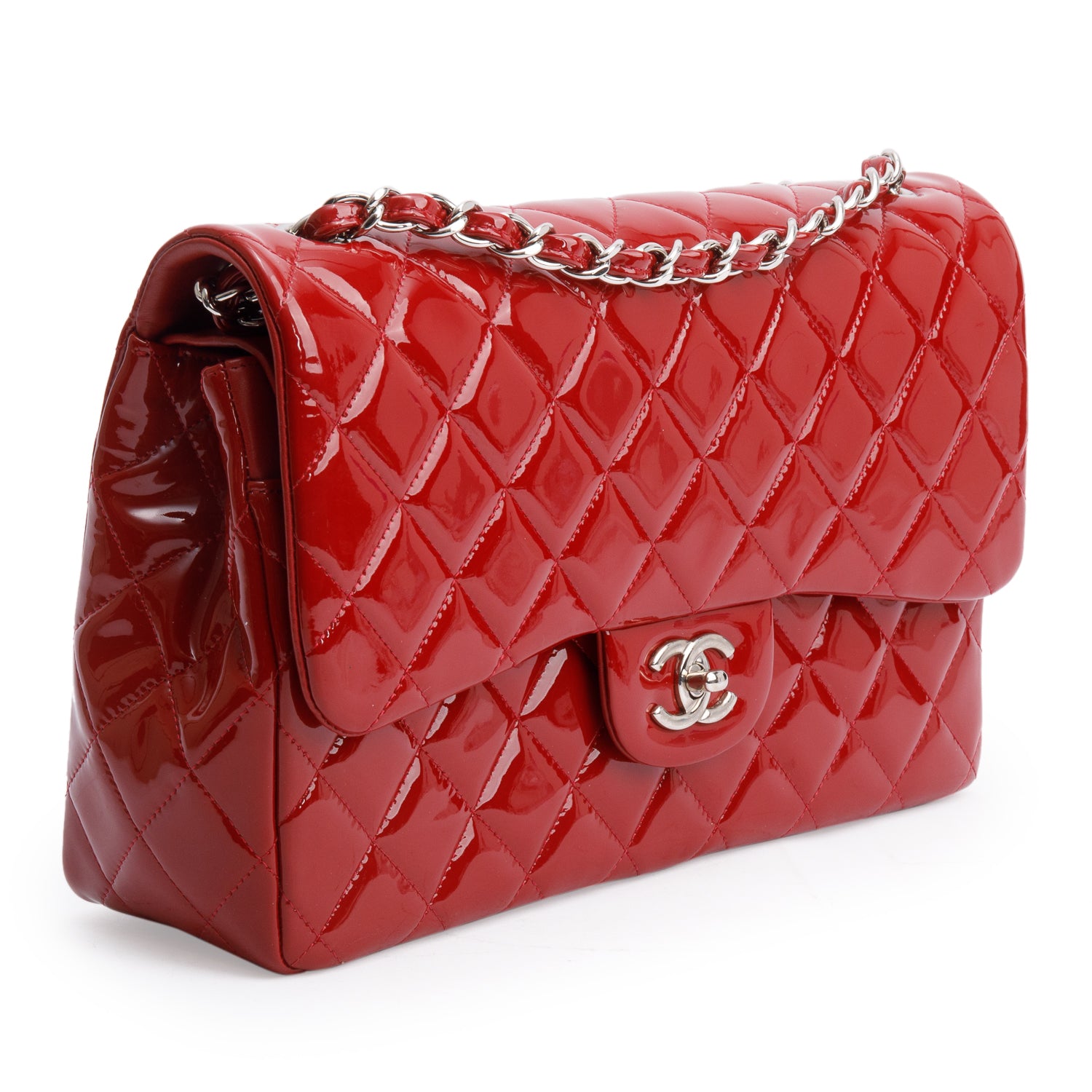 Chanel Red Quilted Patent Leather Classic Jumbo Double Flap Bag w/ Box & Authenticity Card