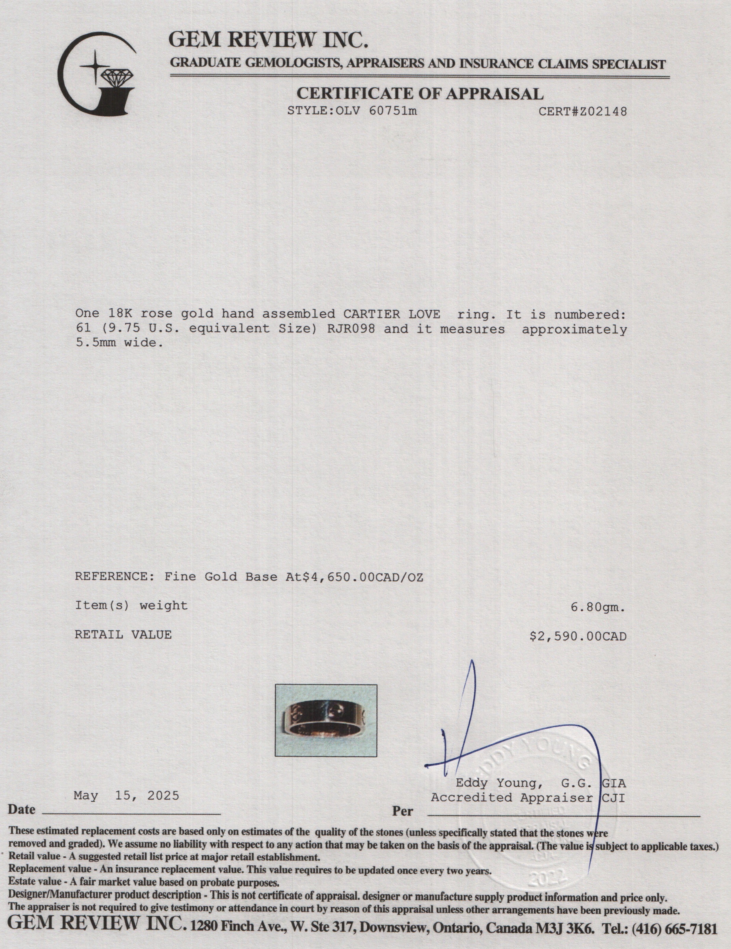 Cartier 2024 18k Rose Gold 5.5 MM Love Ring, Size 61 9.75 w/ Box, Receipt & Certificate