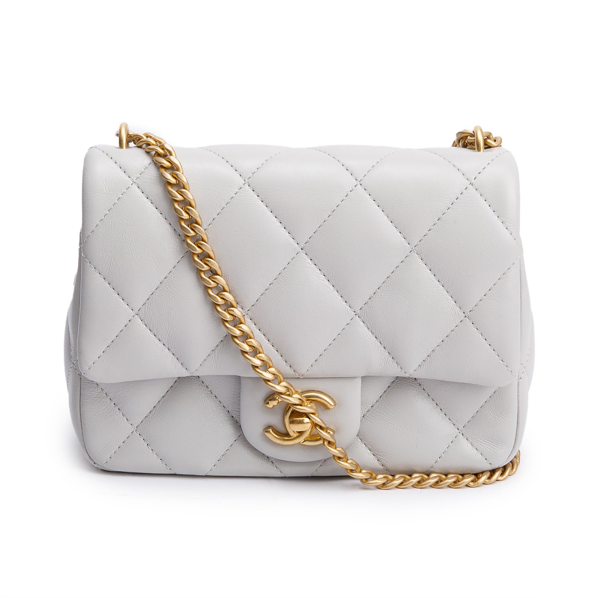 Chanel 2025 Grey Quilted Lambskin Leather Sweetheart Square Mini Flap Bag w/ Receipt