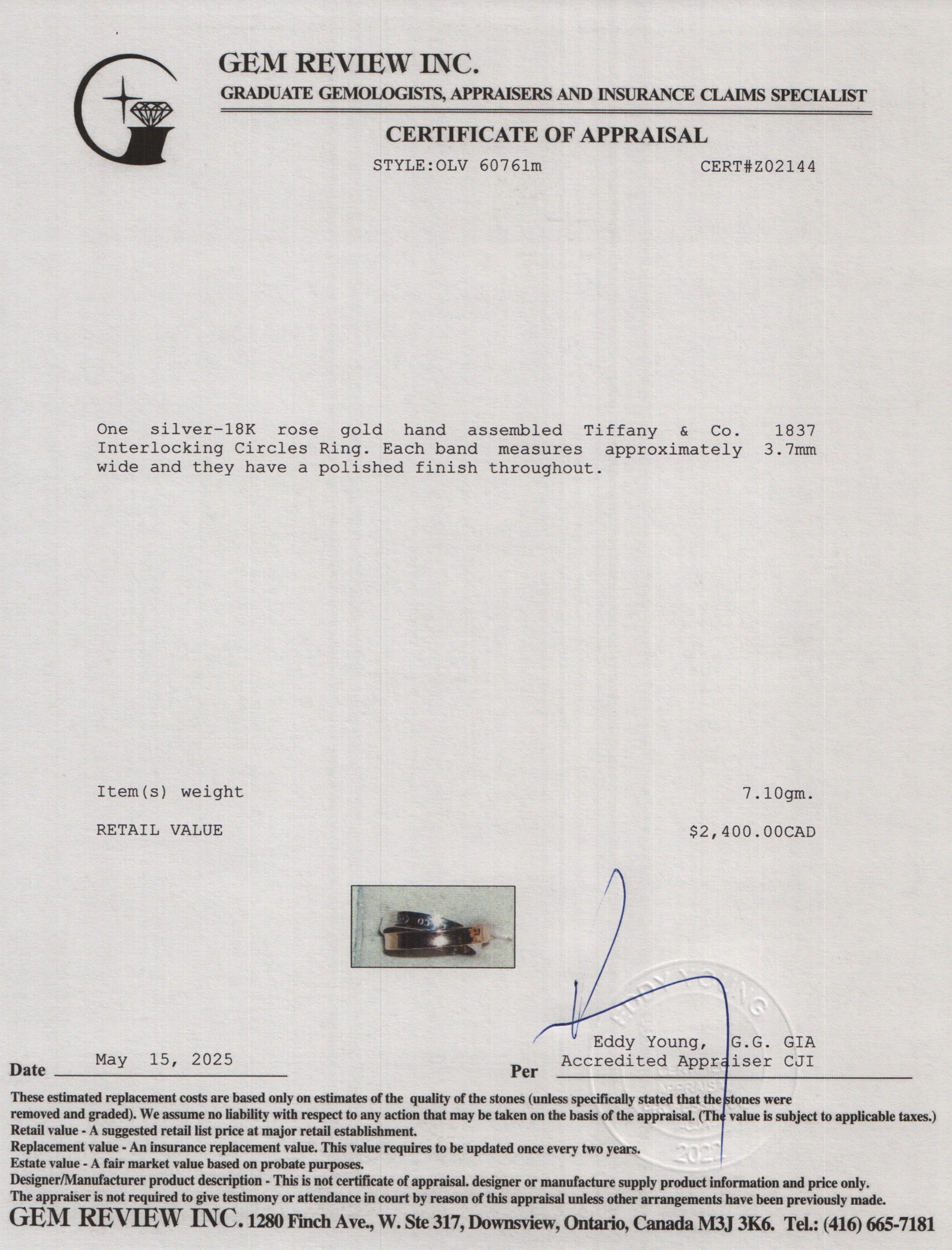 Tiffany & Co. Sterling Silver & 18k Rose Gold 1837 Interlocking Circles Ring, Size 7.75