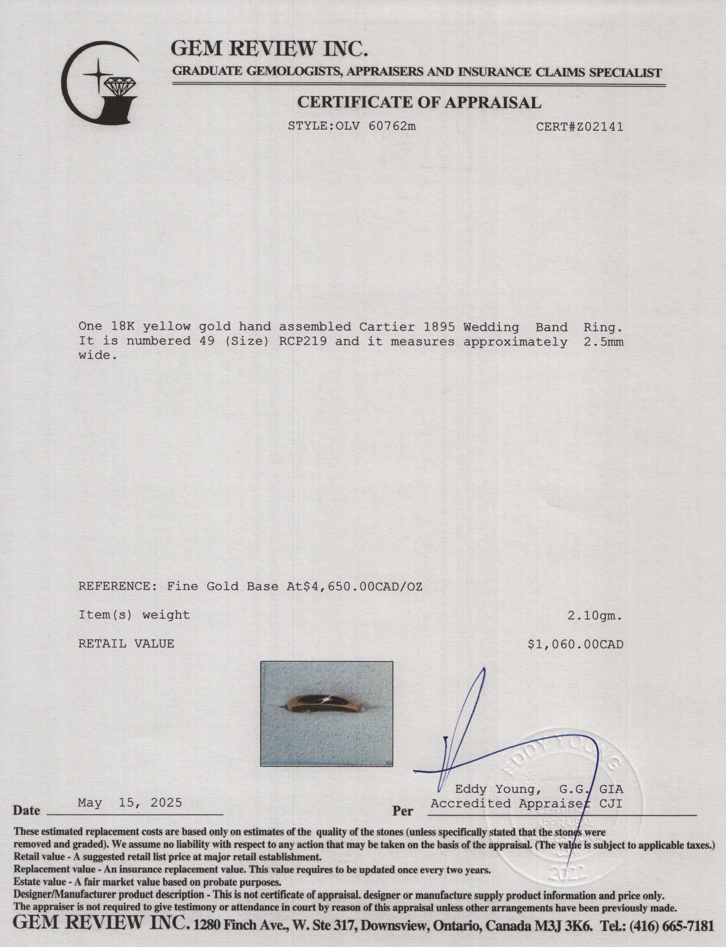 Cartier 2022 18k Yellow Gold 2.5 MM 1895 Wedding Band Ring, Size 49 5 w/ Pouch, Certificate & Receipt