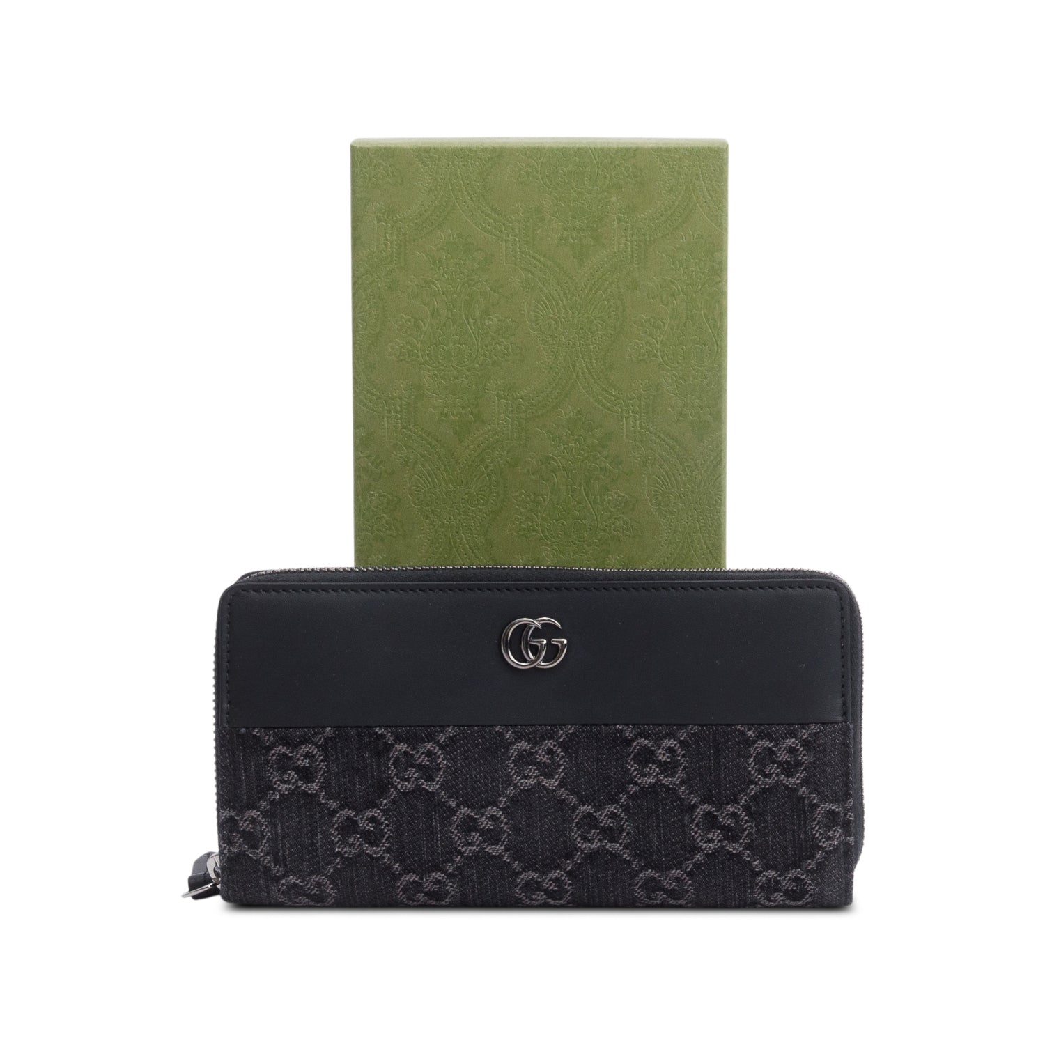 Gucci Black Leather Denim GG Marmont Zip Around Wallet w/ Box