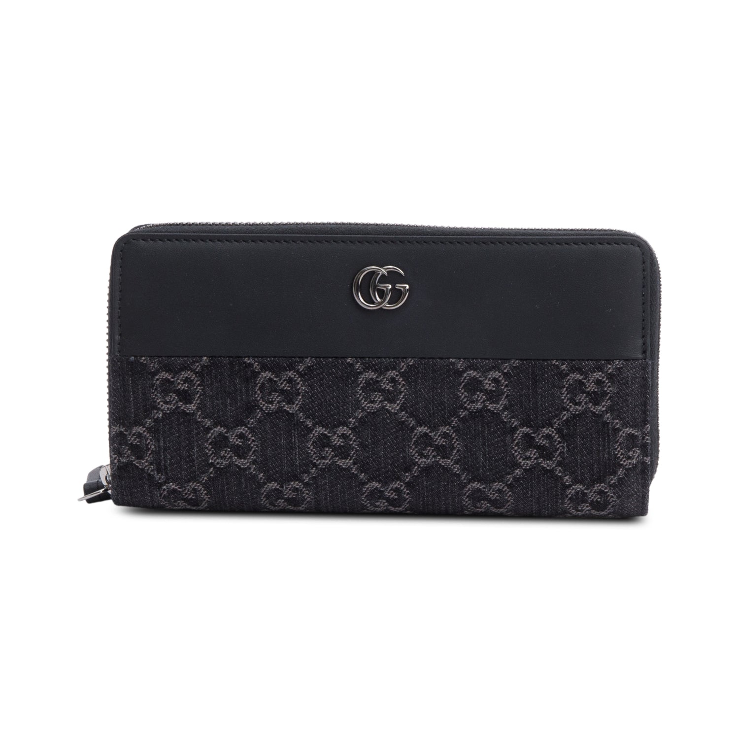 Gucci Black Leather Denim GG Marmont Zip Around Wallet w/ Box