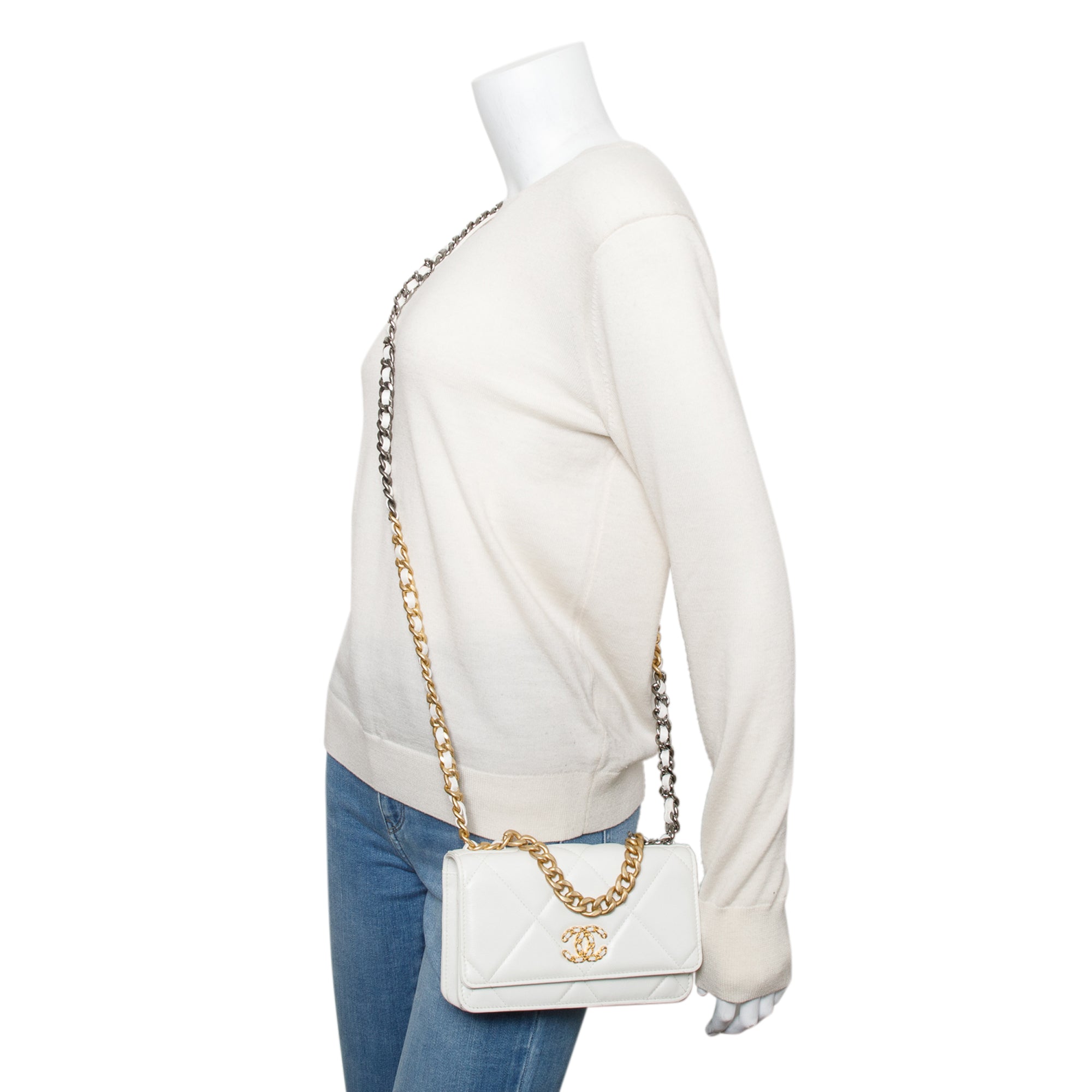 Chanel 2020 White Lambskin Leather 19 Wallet On Chain w/ Box, Receipt & Authenticity Card