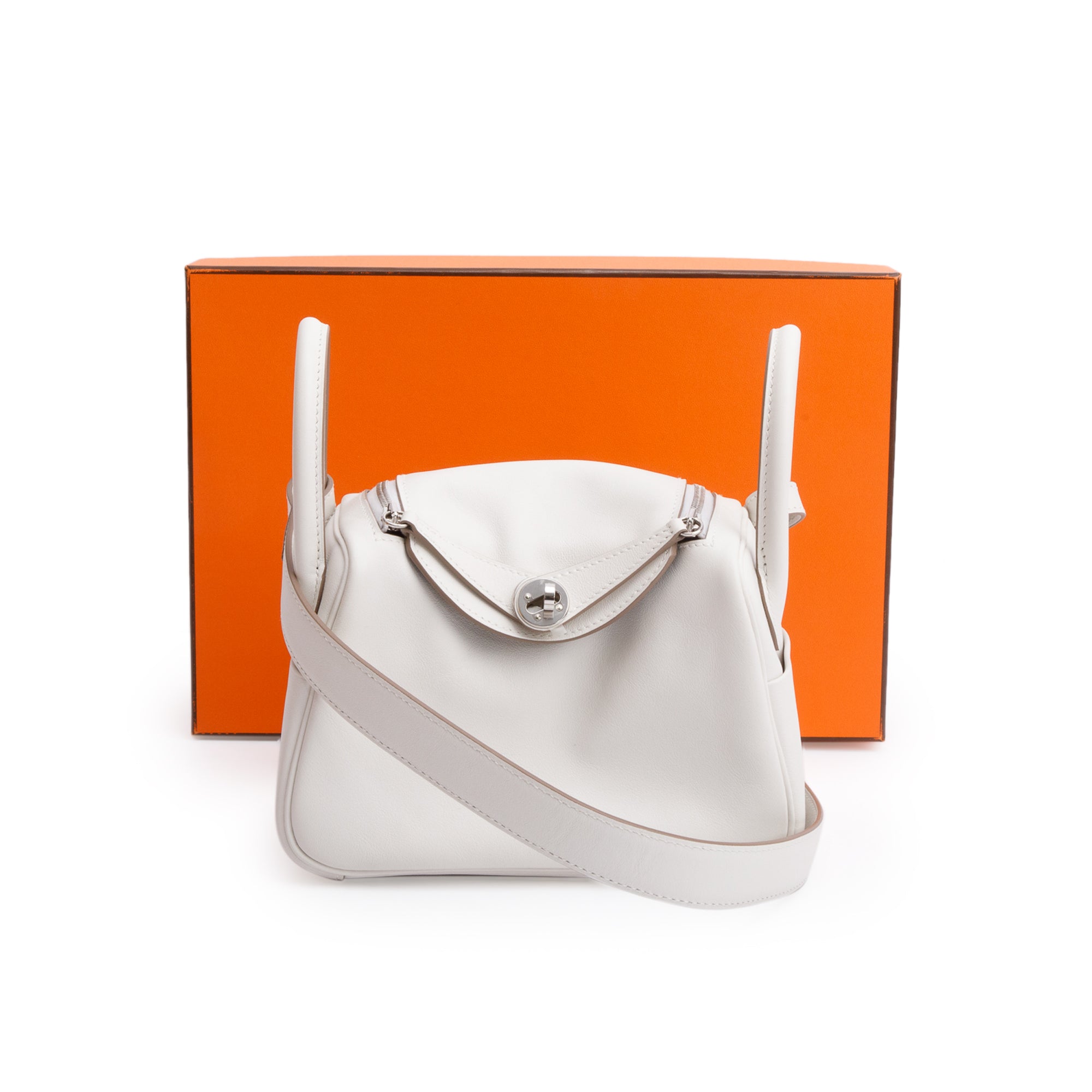 Hermes 2023 Gris Pale/Gris Meyer Leather Swift Leather Lindy Mini w/ Box