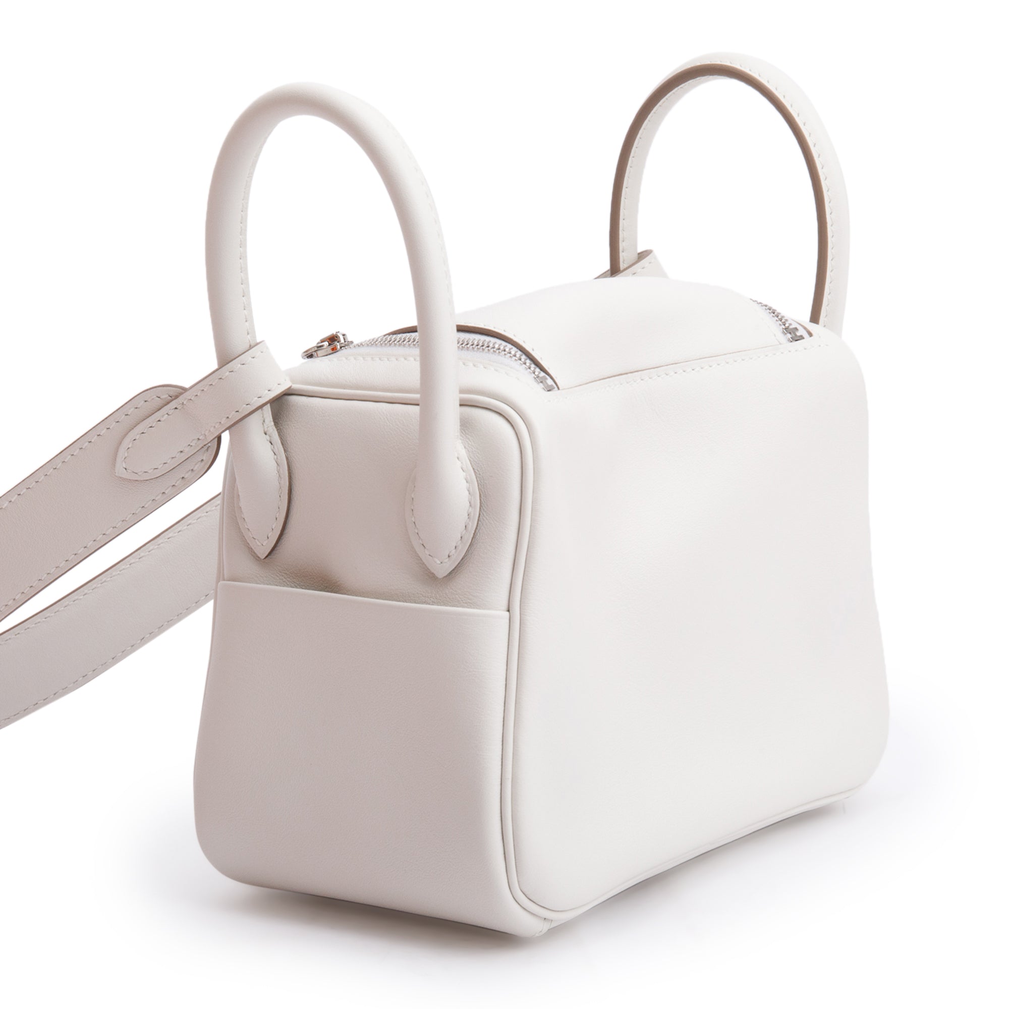 Hermes 2023 Gris Pale/Gris Meyer Leather Swift Leather Lindy Mini w/ Box