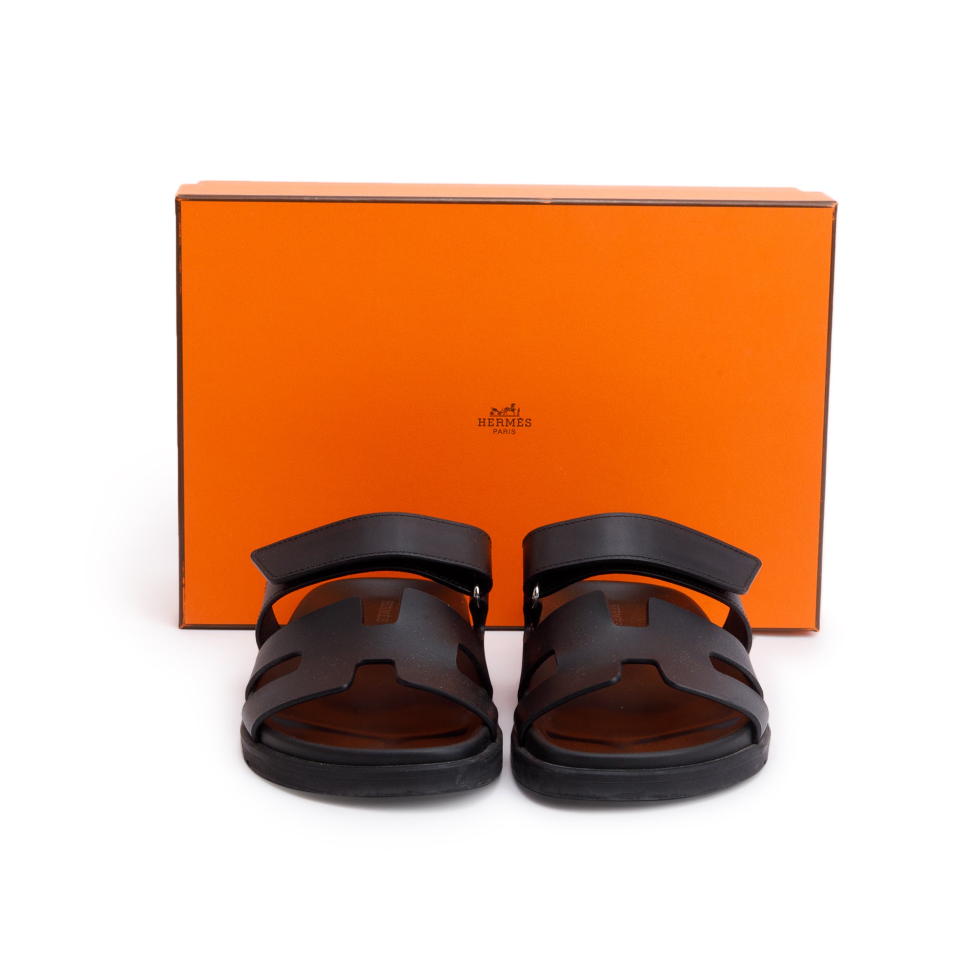 Hermes Noir Veau Calfskin Leather Chypre Sandals, Size 37 w/ Box