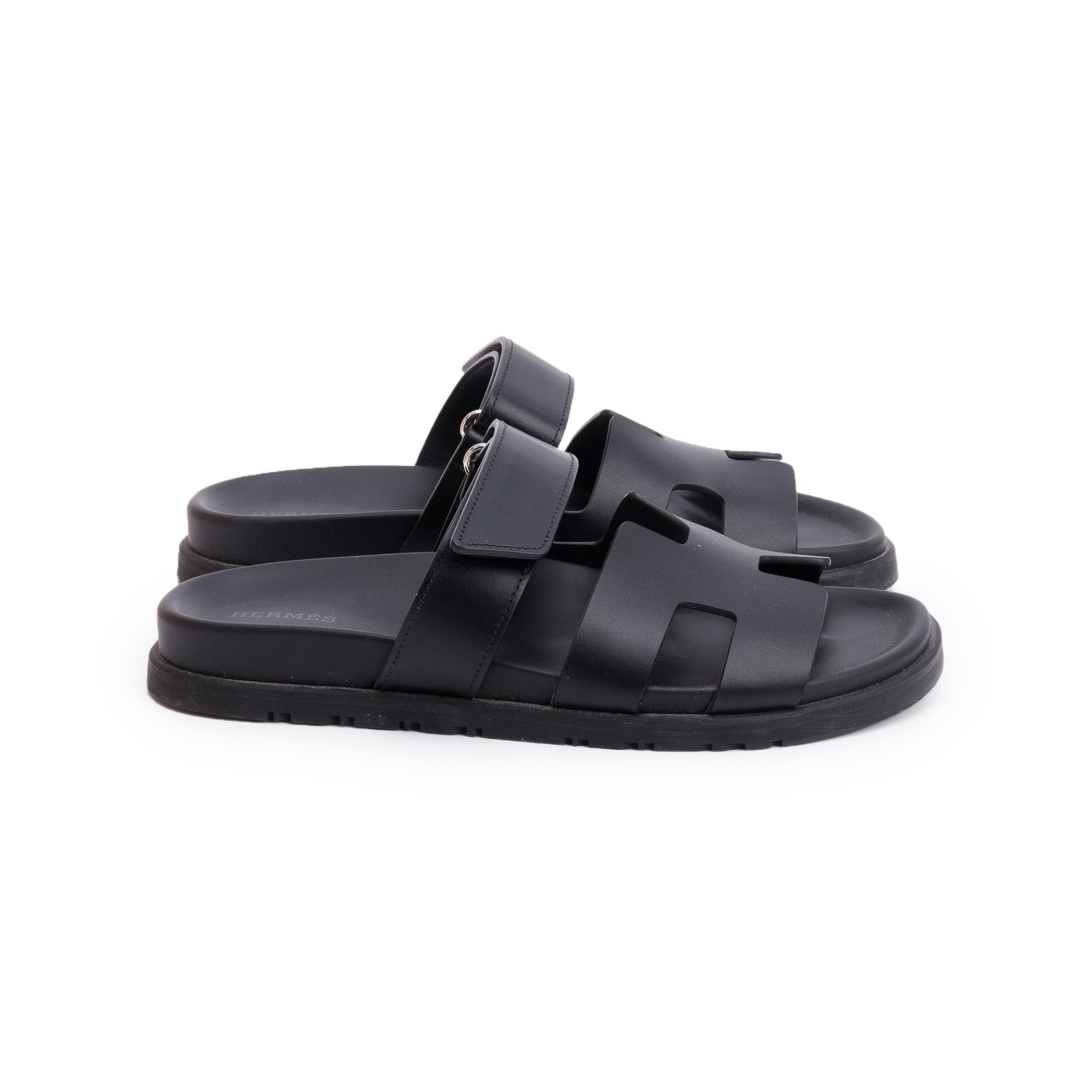 Hermes Noir Veau Calfskin Leather Chypre Sandals, Size 37 w/ Box