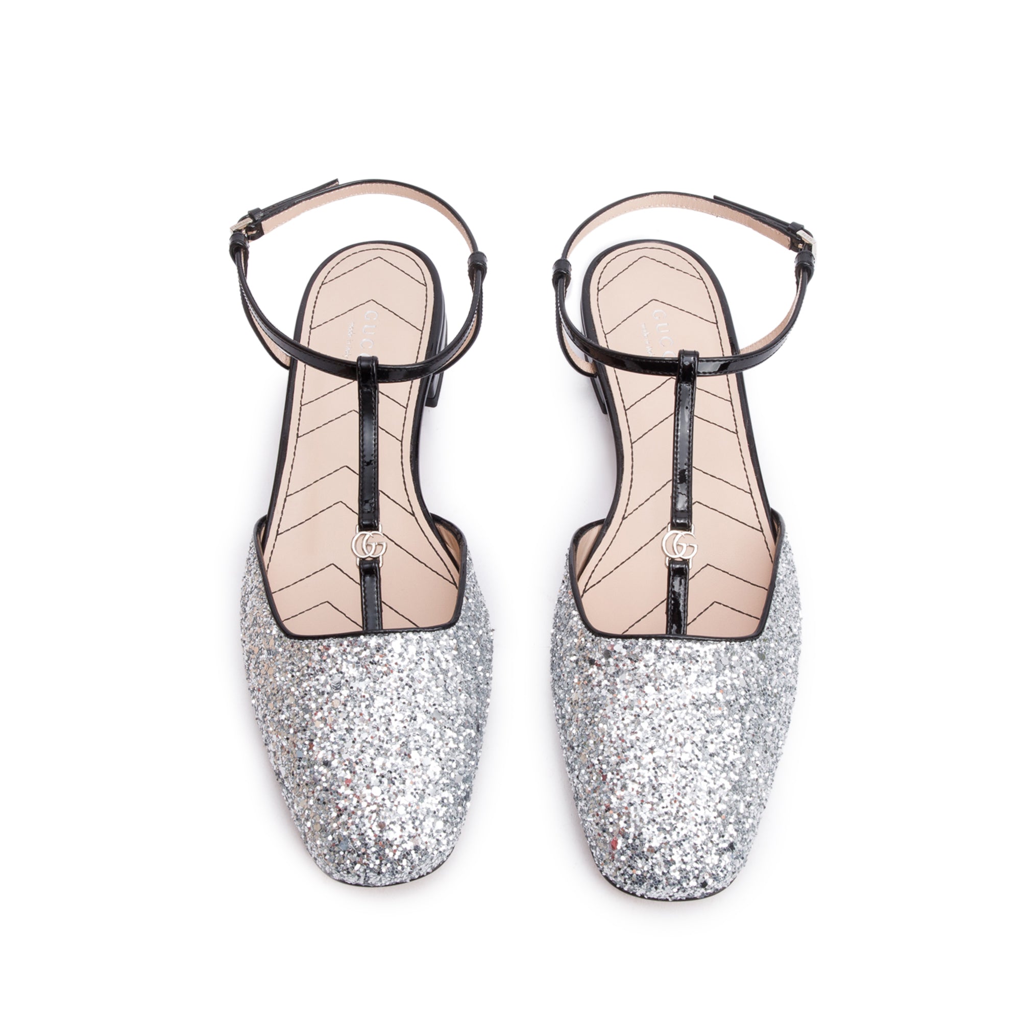 Gucci Black Patent Leather Silver Glitter Double G Logo Slingback Ballet Flats, Size 39.5 w/ Box