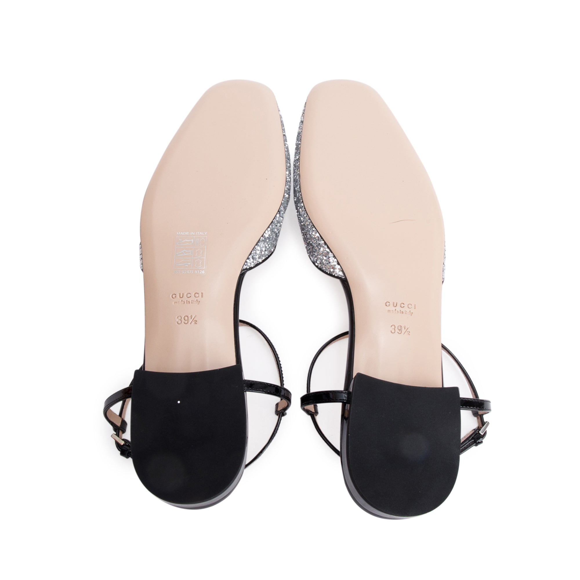 Gucci Black Patent Leather Silver Glitter Double G Logo Slingback Ballet Flats, Size 39.5 w/ Box