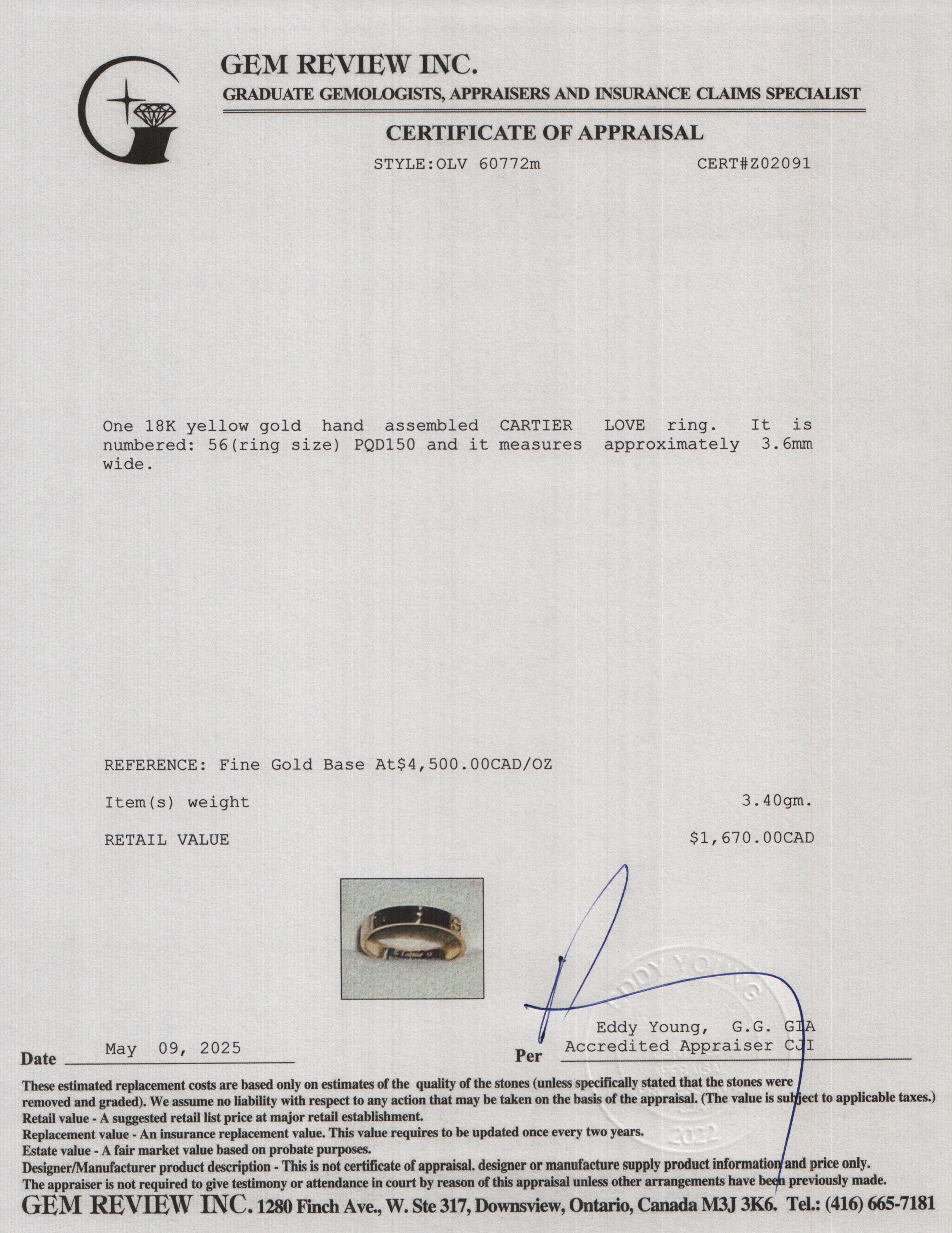 Cartier 2022 18k Yellow Gold 3.6 mm Love Wedding Band Ring, Size 56 7.75 w/ Box & Certificate